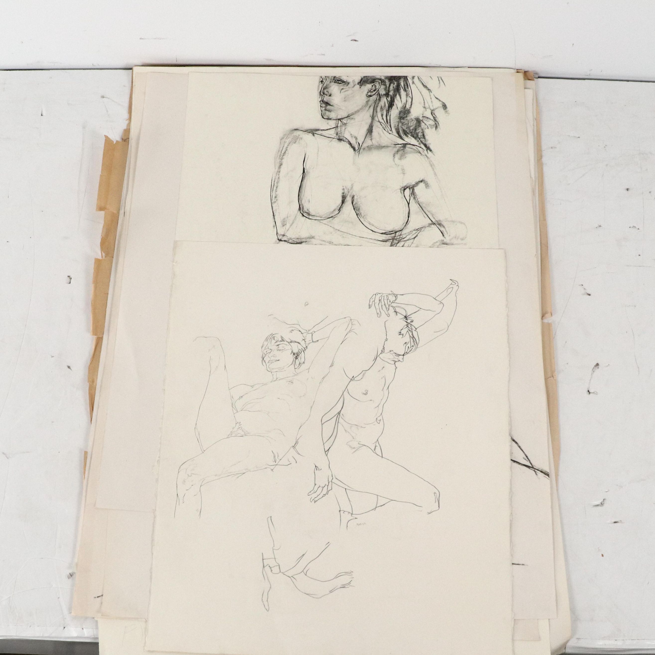 Paul Wagener Mixed Media Drawings with Figural Studies, Late 20th Century