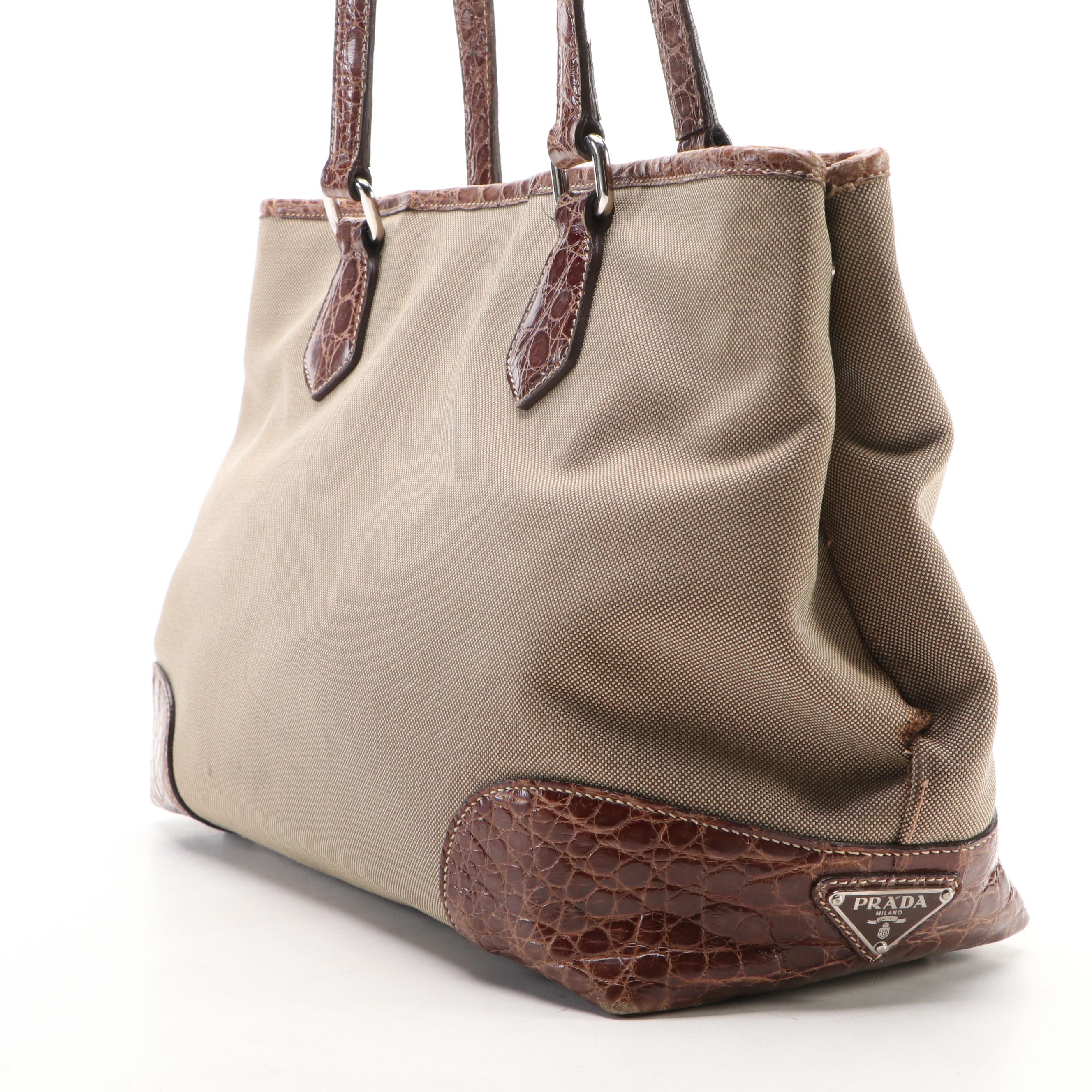 Prada Canapa Jacquard Canvas Tote Bag with Brown Croc Embossed Leather Trim