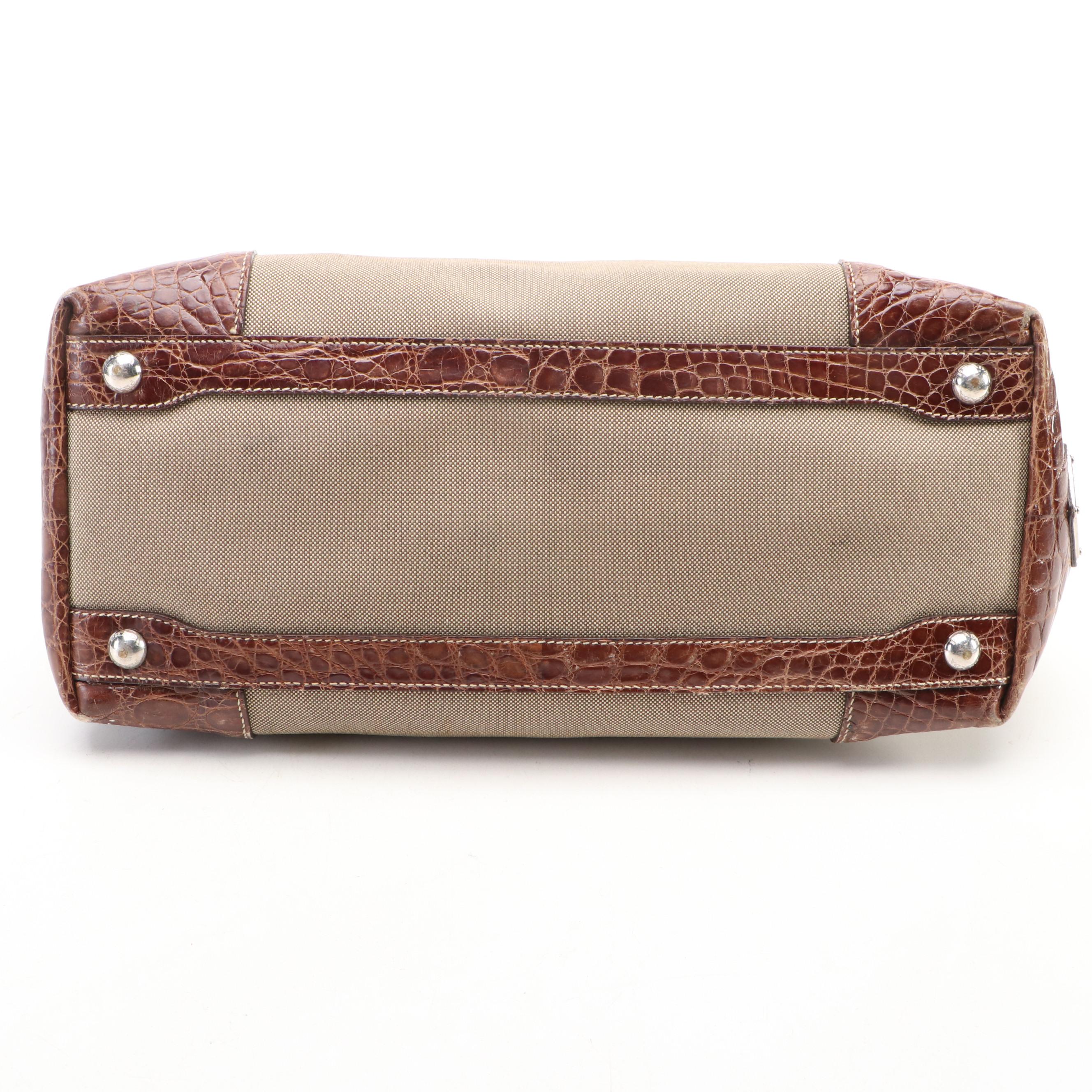 Prada Canapa Jacquard Canvas Tote Bag with Brown Croc Embossed Leather Trim