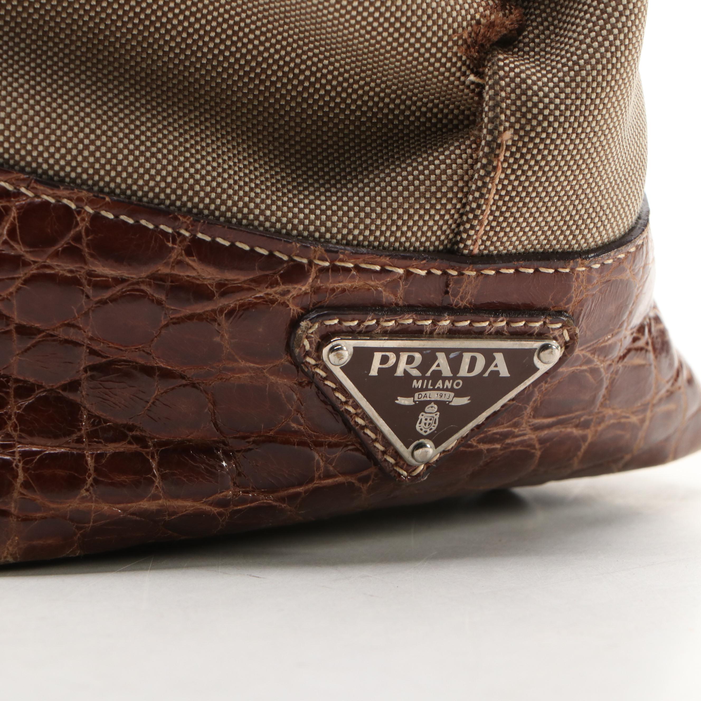 Prada Canapa Jacquard Canvas Tote Bag with Brown Croc Embossed Leather Trim