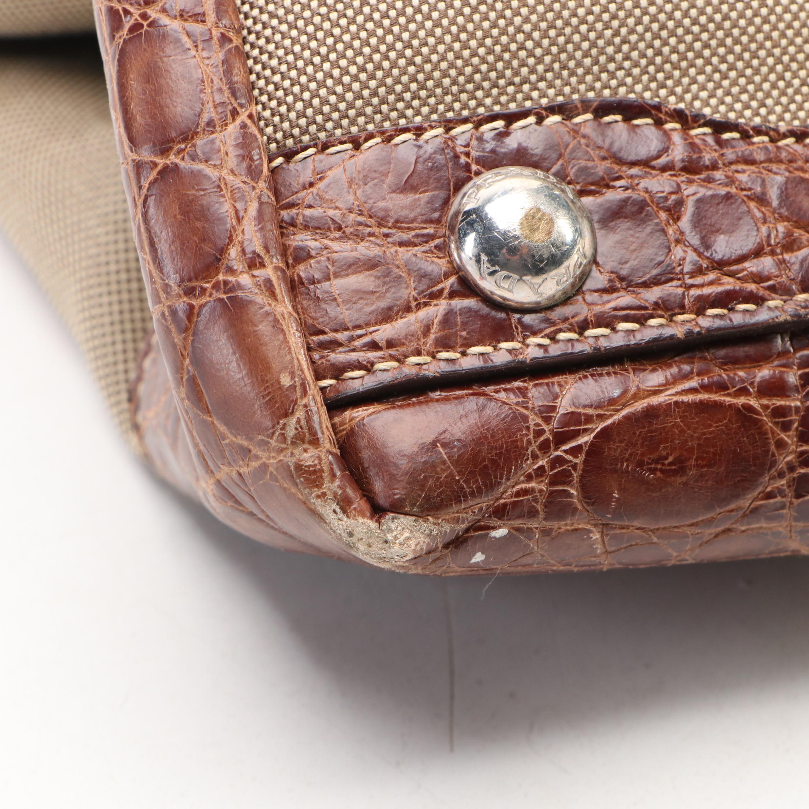 Prada Canapa Jacquard Canvas Tote Bag with Brown Croc Embossed Leather Trim