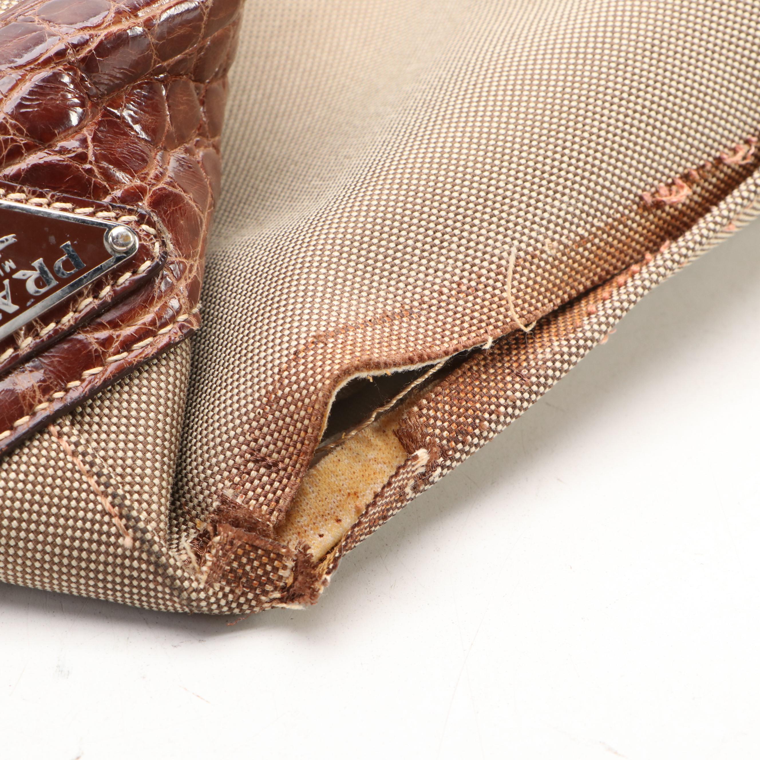 Prada Canapa Jacquard Canvas Tote Bag with Brown Croc Embossed Leather Trim