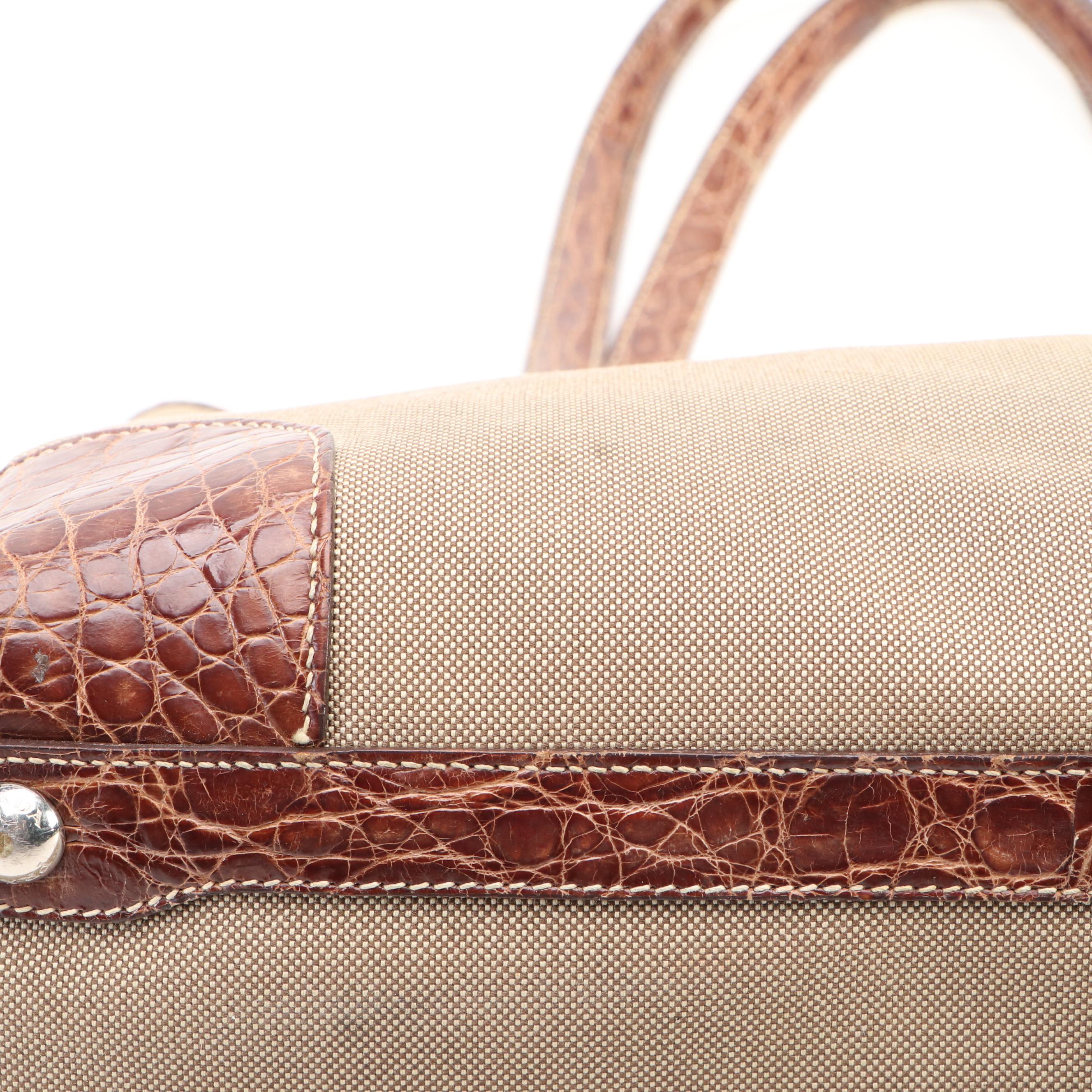 Prada Canapa Jacquard Canvas Tote Bag with Brown Croc Embossed Leather Trim