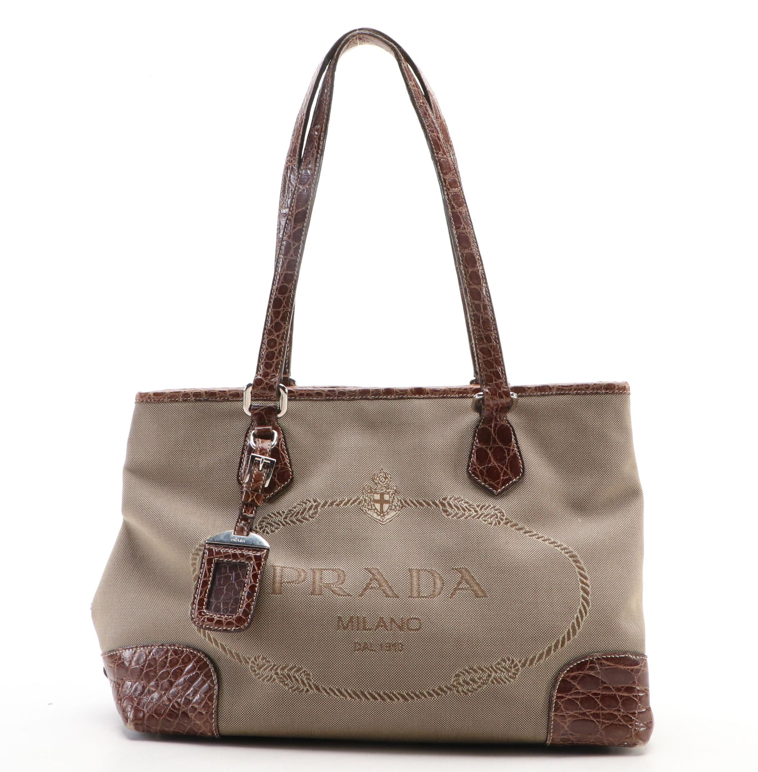 Prada Canapa Jacquard Canvas Tote Bag with Brown Croc Embossed Leather Trim
