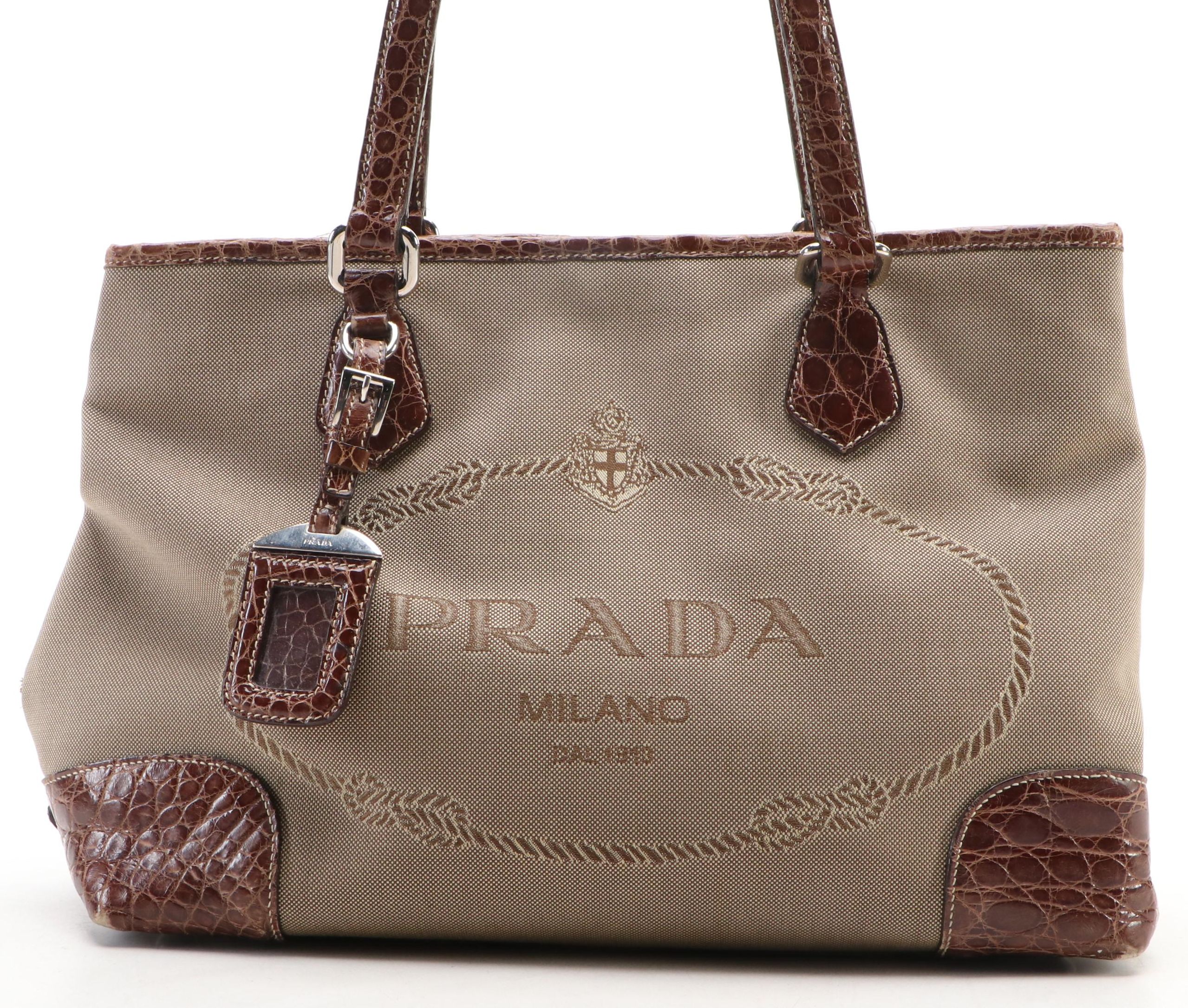 Prada Canapa Jacquard Canvas Tote Bag with Brown Croc Embossed Leather Trim