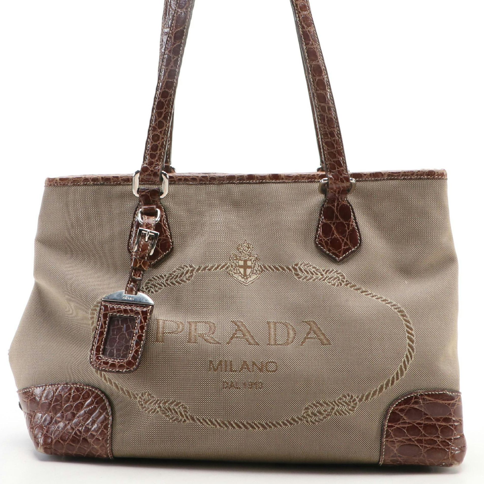 Prada Canapa Jacquard Canvas Tote Bag with Brown Croc Embossed Leather Trim