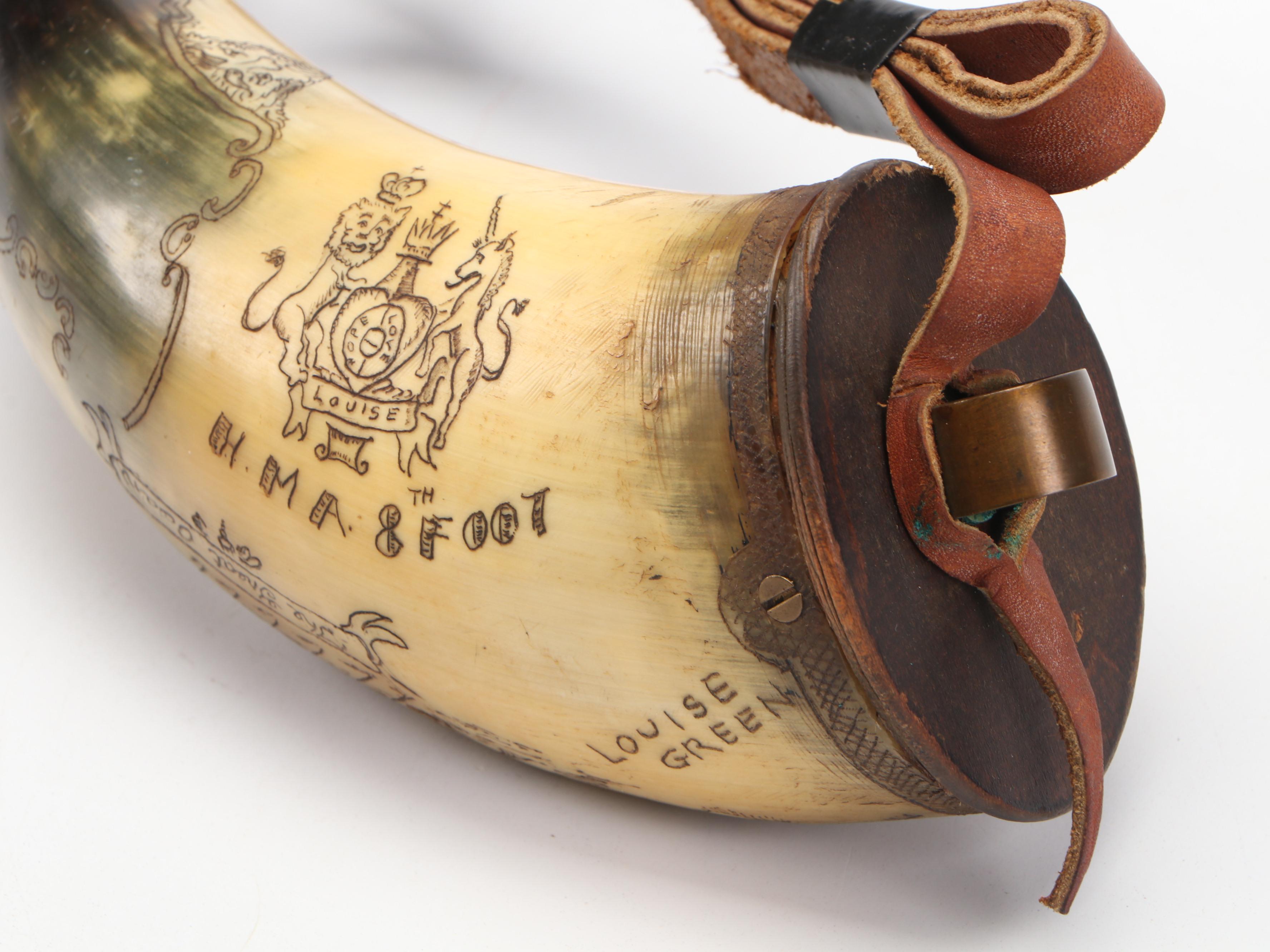 Engraved Steer Horn Powder Horn with Leather Strap