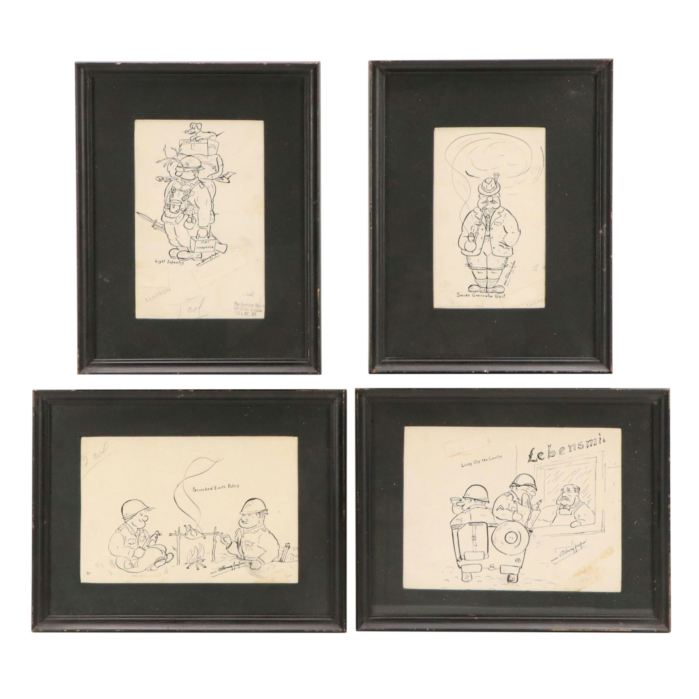 WWII Cartoon Ink Drawings Including "Smoked Earth Policy"