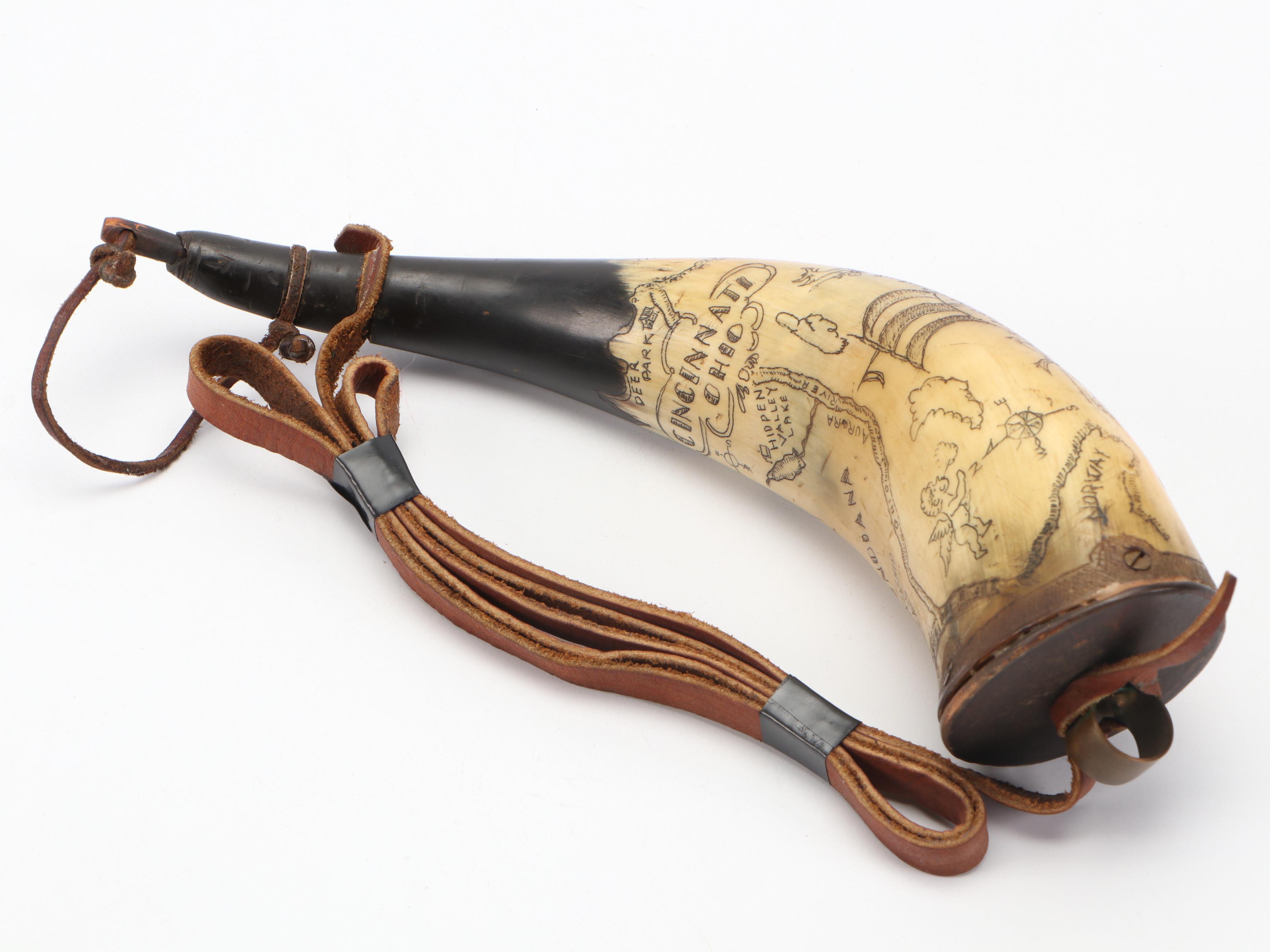 Engraved Steer Horn Powder Horn with Leather Strap