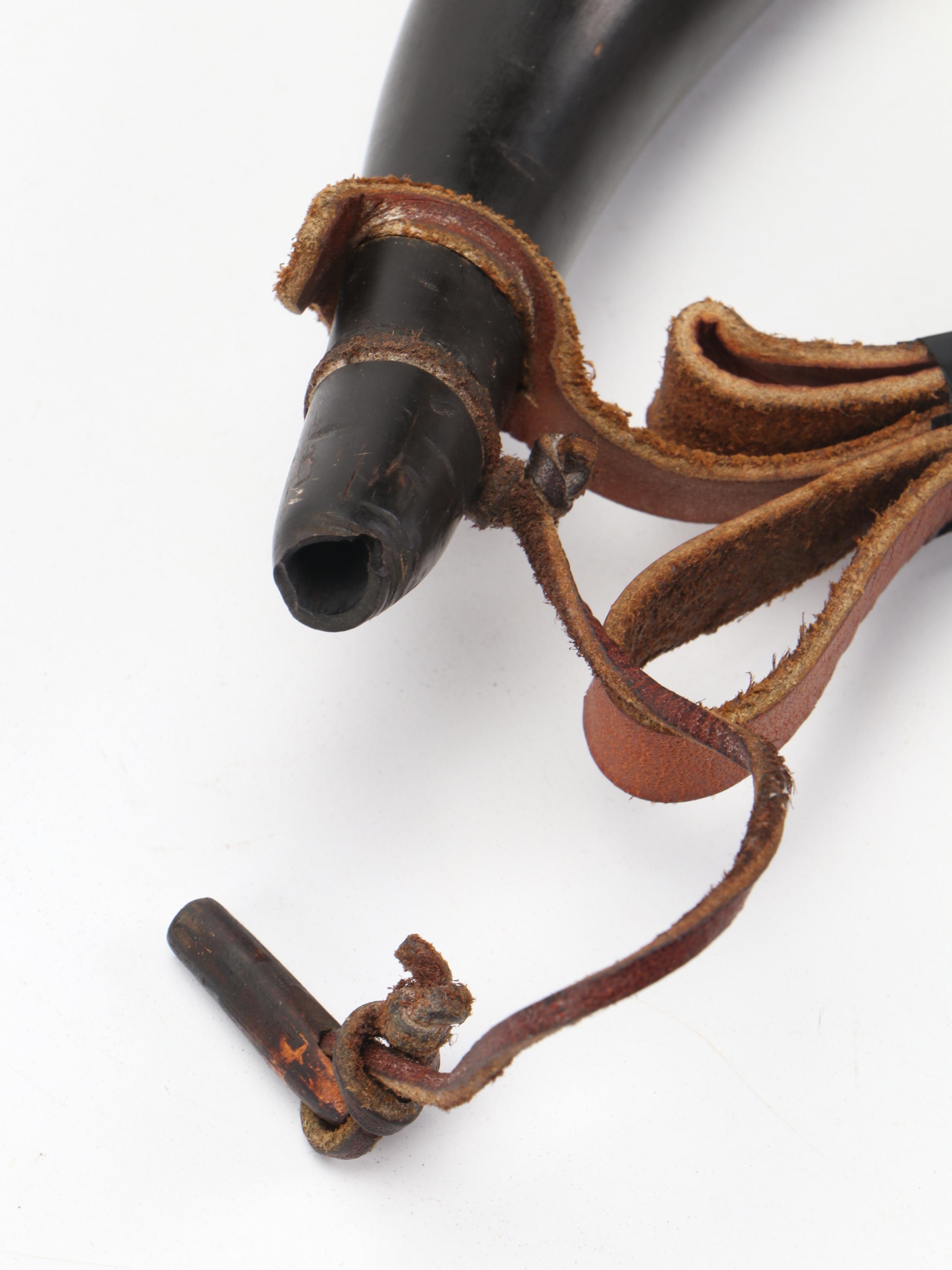 Engraved Steer Horn Powder Horn with Leather Strap