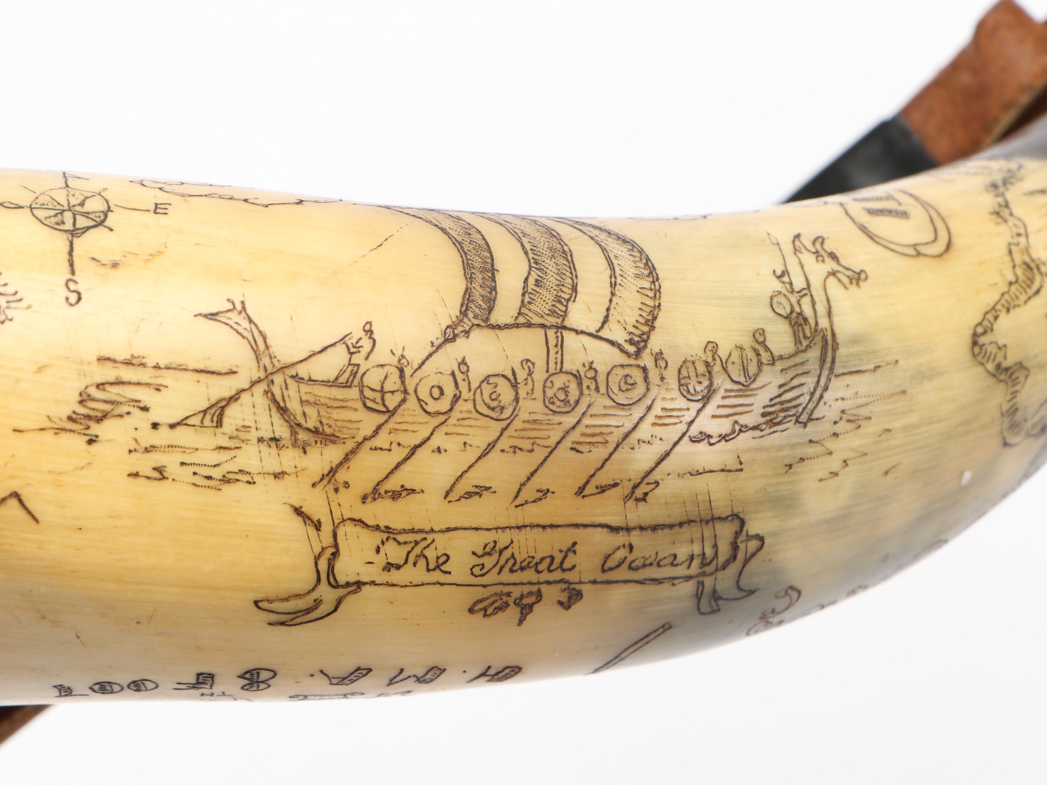 Engraved Steer Horn Powder Horn with Leather Strap