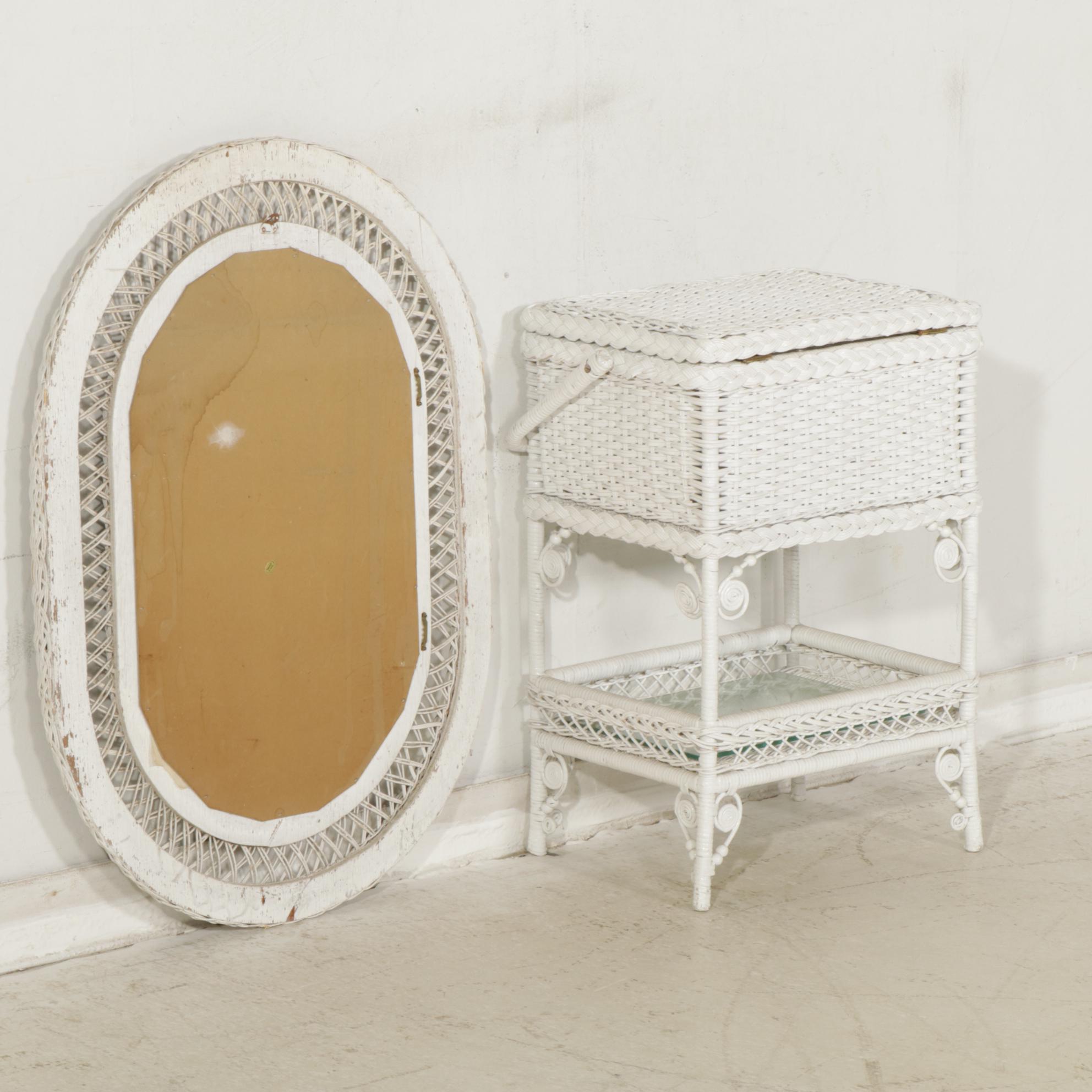 White Painted Rattan Wicker Standing Chest and Wall Mirror