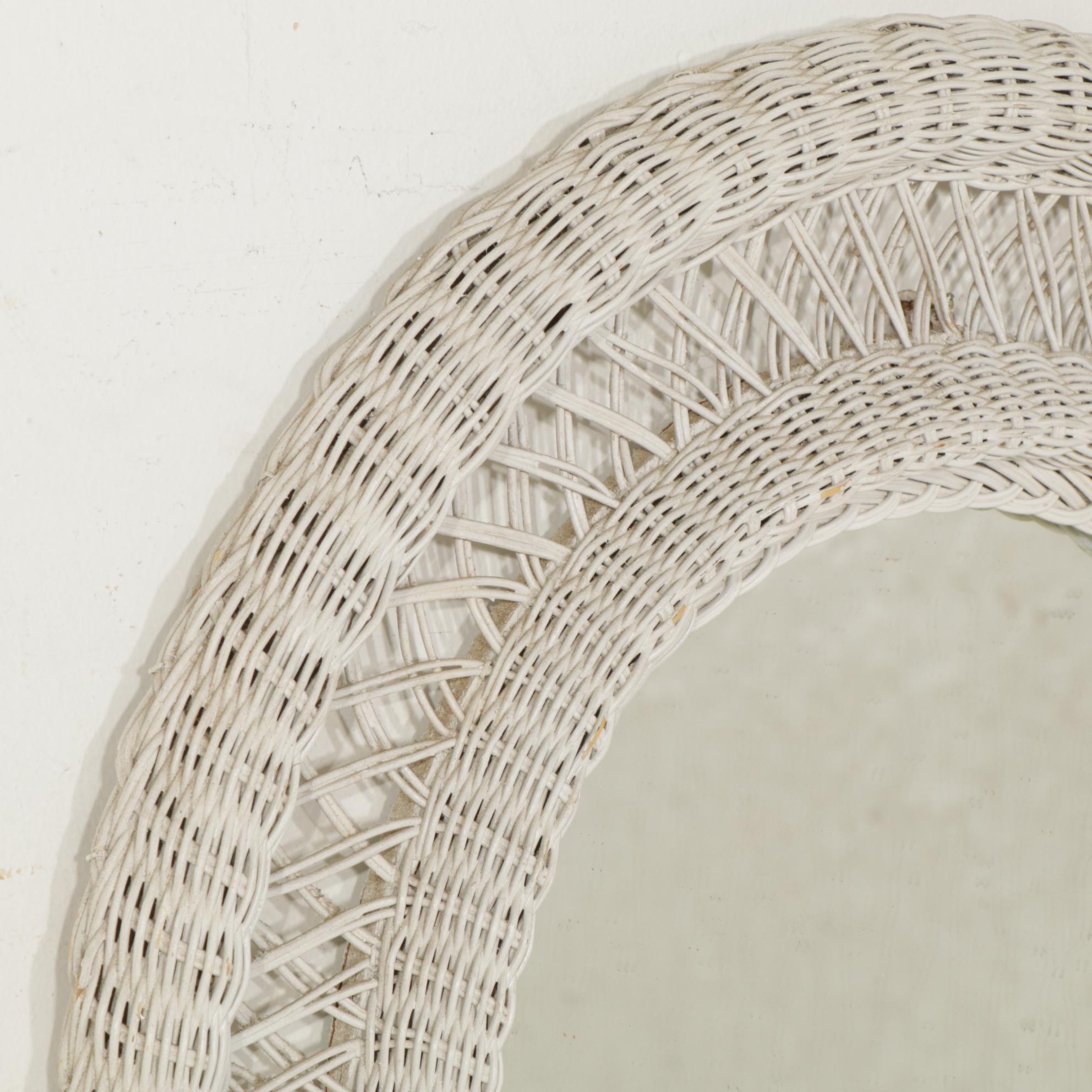 White Painted Rattan Wicker Standing Chest and Wall Mirror