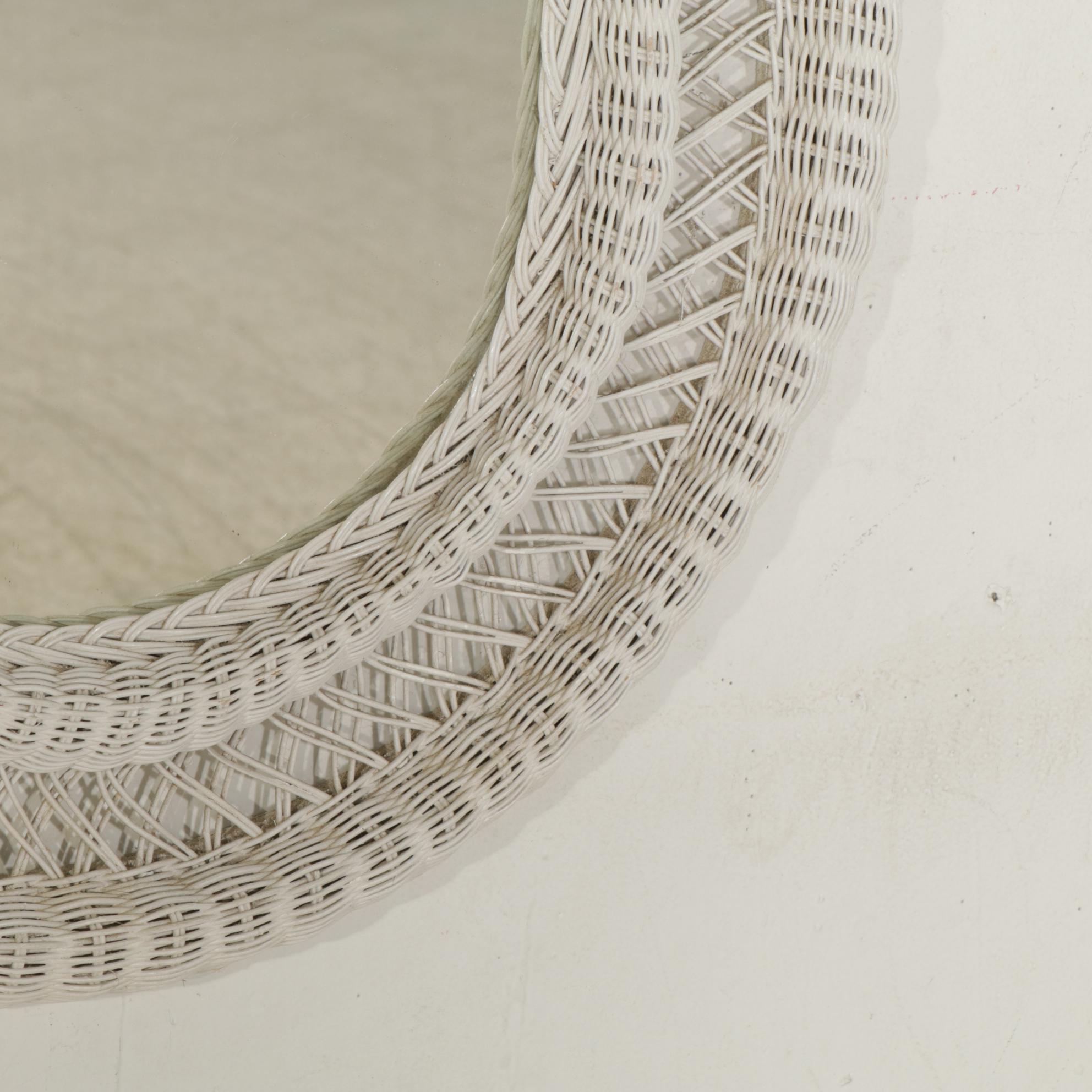 White Painted Rattan Wicker Standing Chest and Wall Mirror