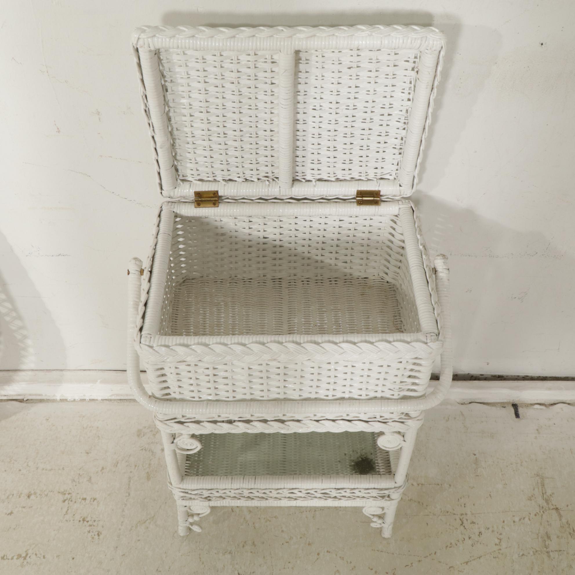 White Painted Rattan Wicker Standing Chest and Wall Mirror