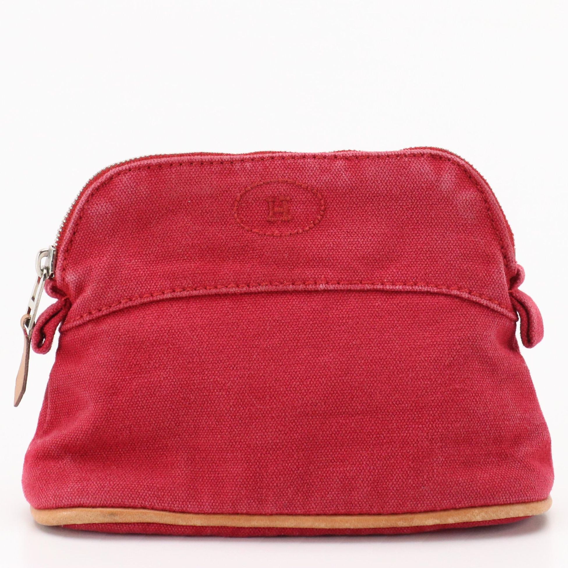 Hermès Mini Bolide Zip Pouch in Raspberry Cotton Canvas with Leather Trim