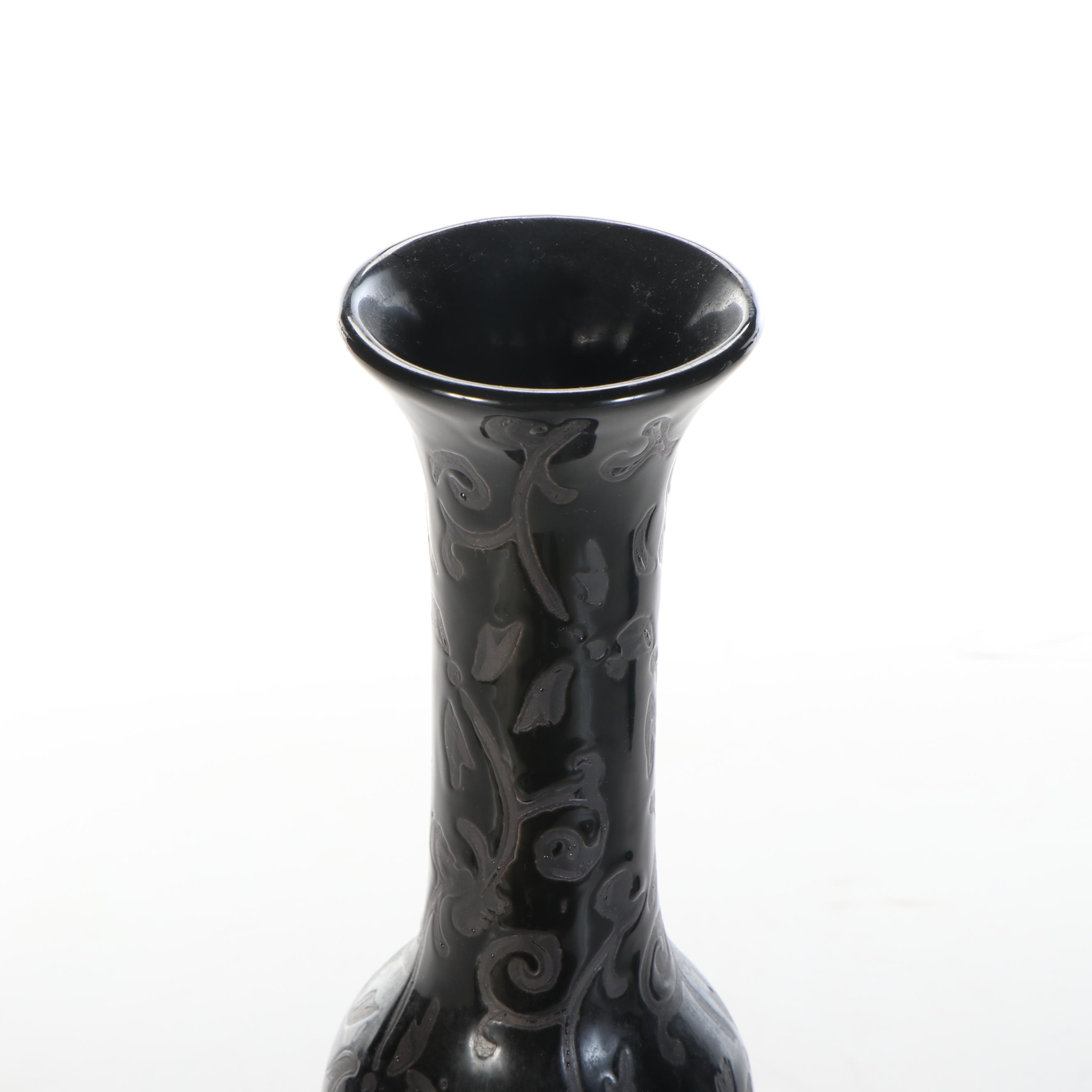 Arabesque Engraved and Other Contemporary Bottle Vases, Faux Blossom Sprig