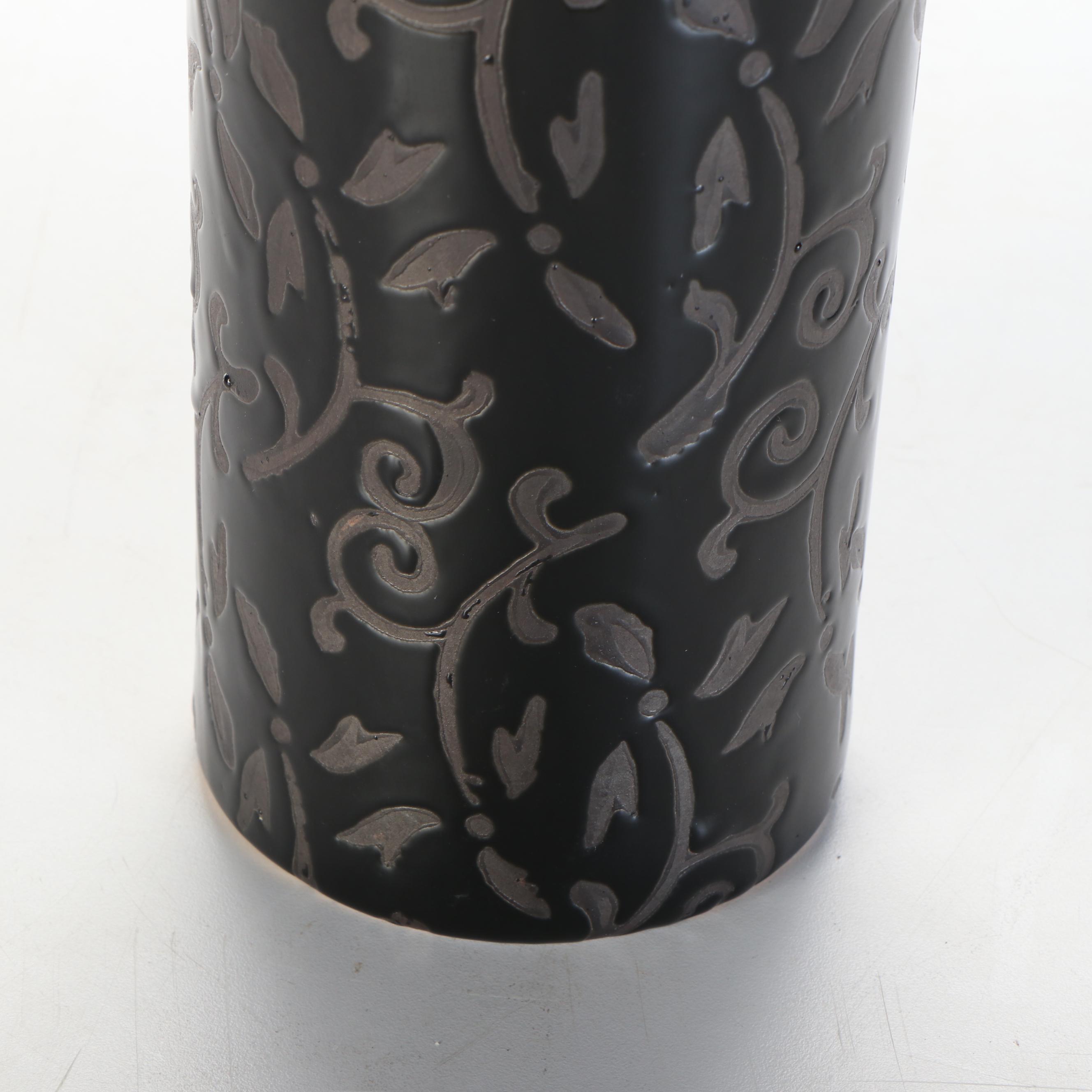 Arabesque Engraved and Other Contemporary Bottle Vases, Faux Blossom Sprig