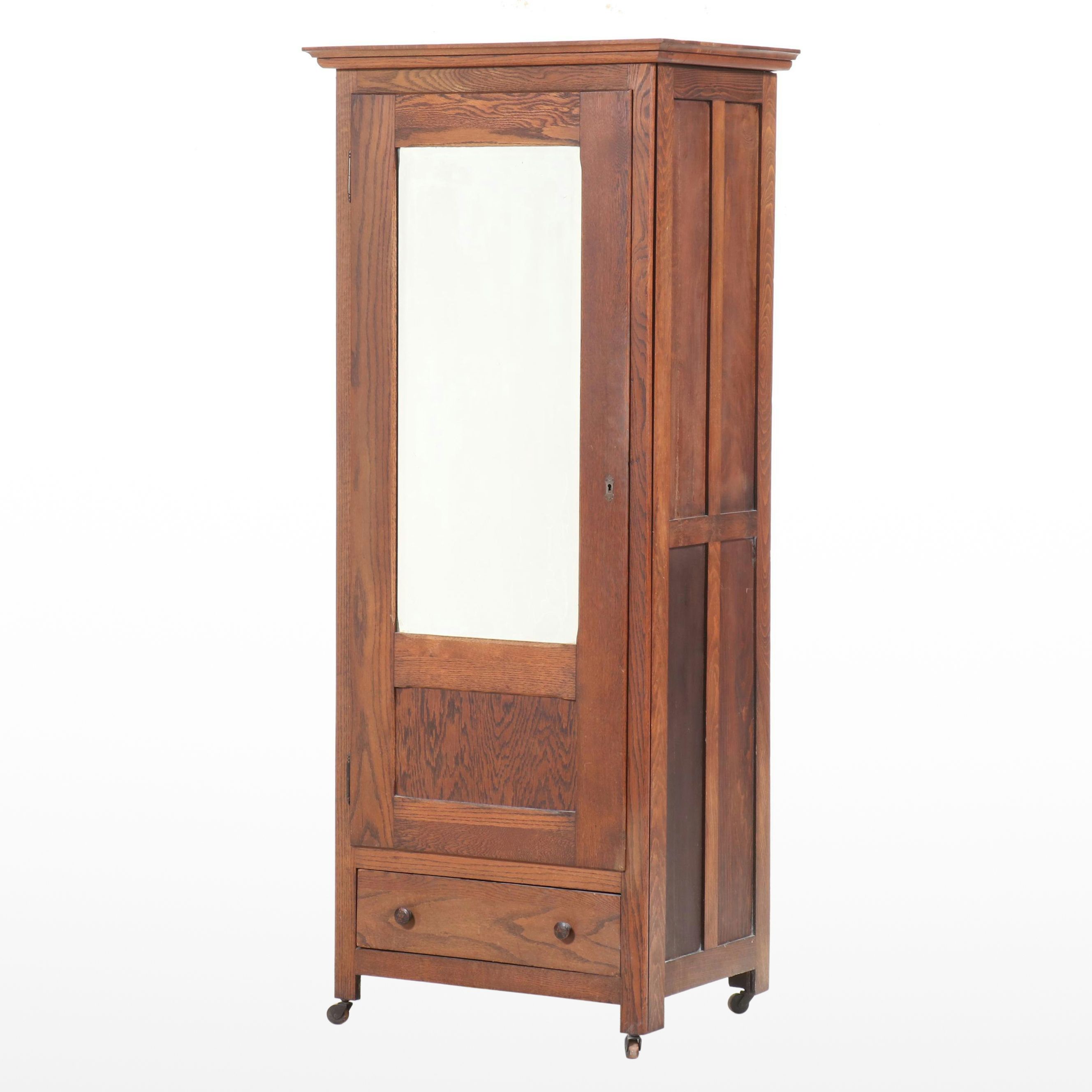 Late Victorian Oak Wardrobe with Mirror Front, Early 20th Century