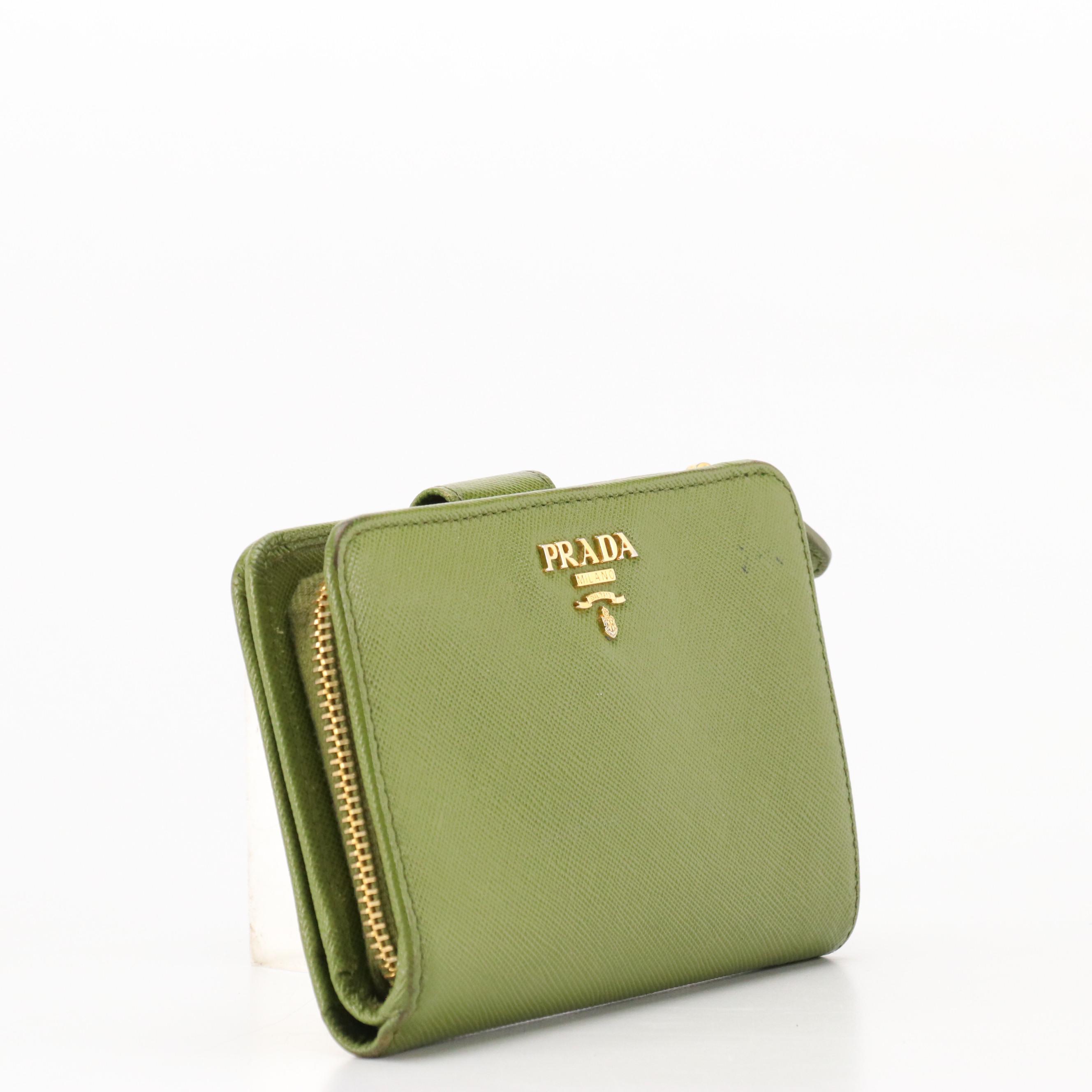 Prada Small Trifold Compact Wallet in Olive Green Saffiano Leather