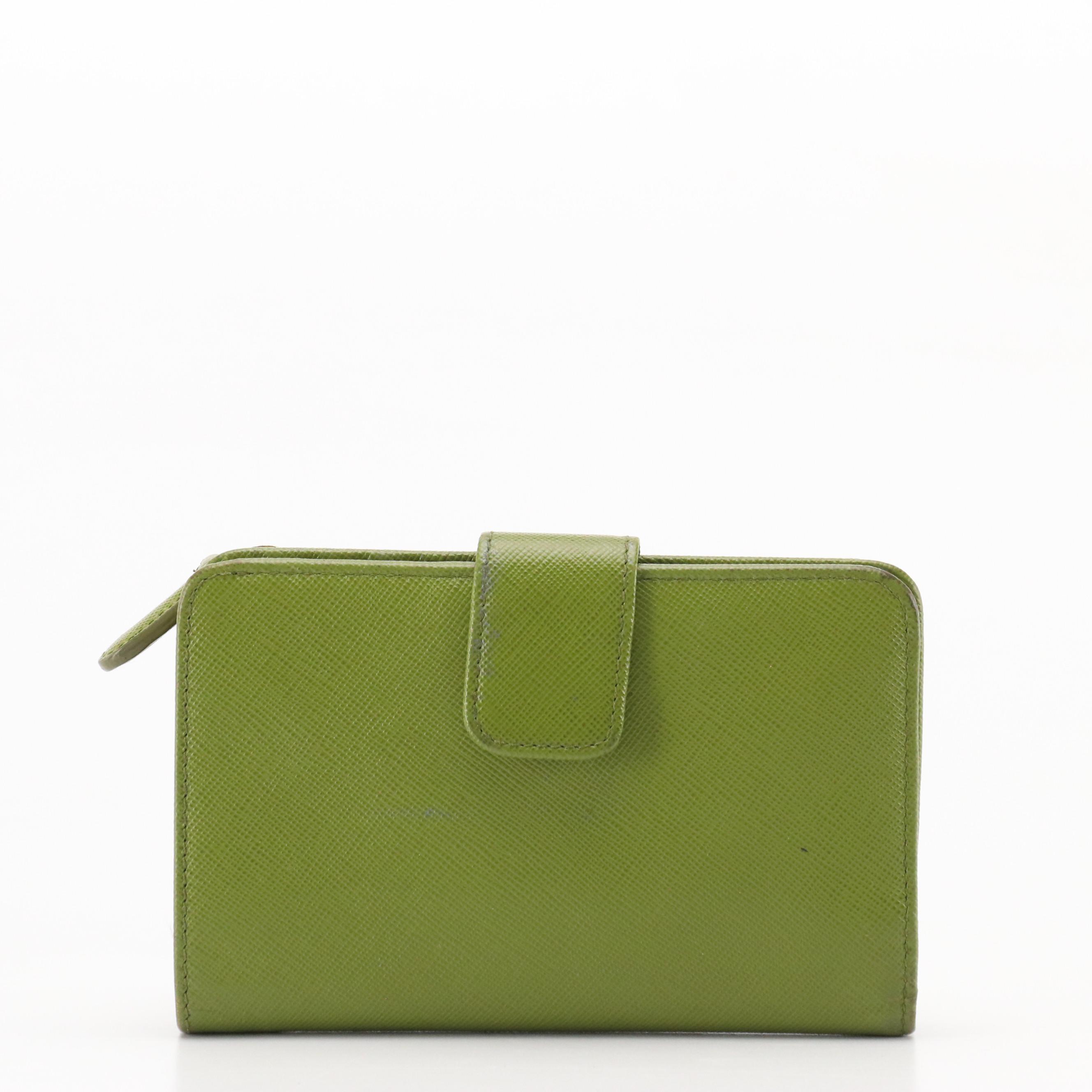 Prada Small Trifold Compact Wallet in Olive Green Saffiano Leather
