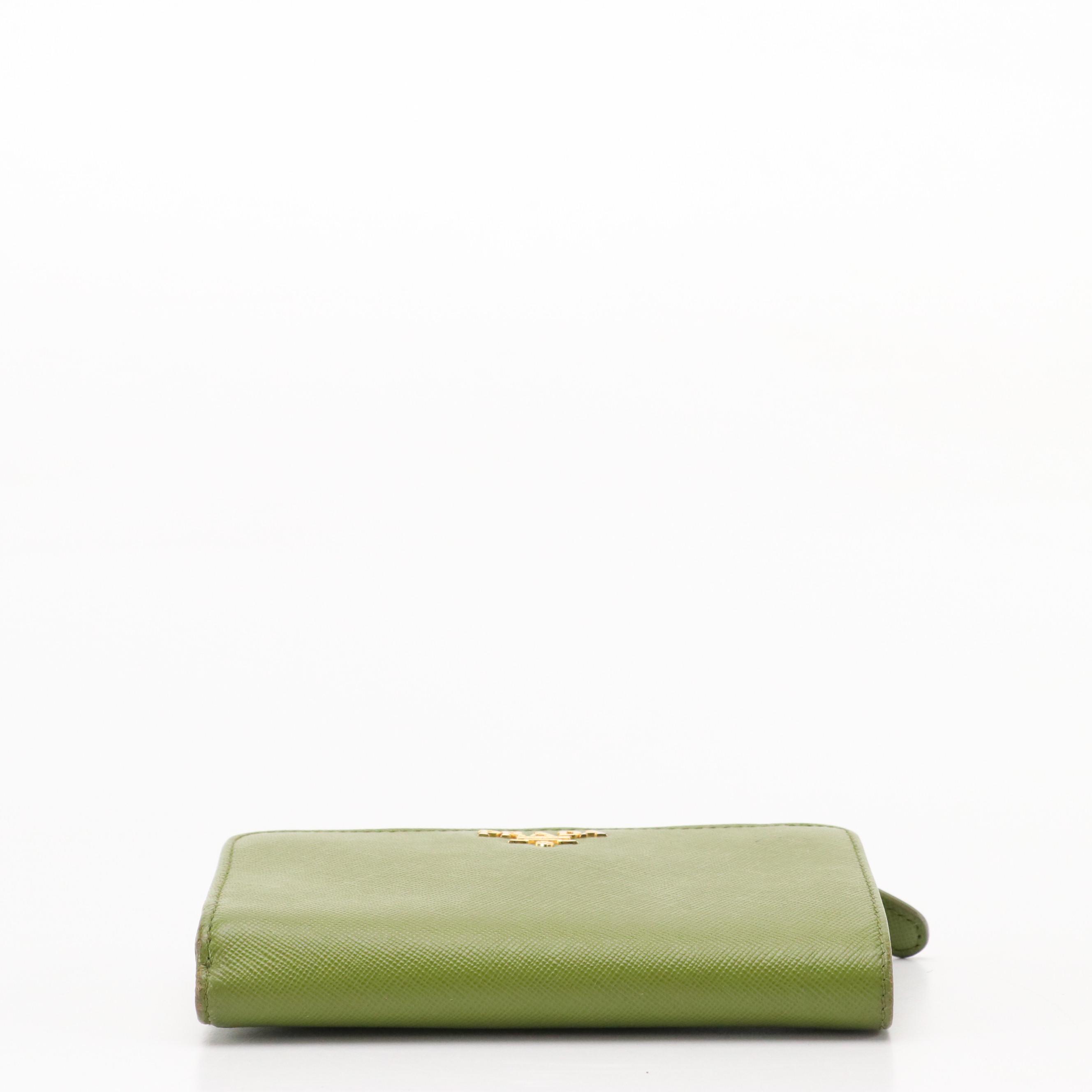 Prada Small Trifold Compact Wallet in Olive Green Saffiano Leather