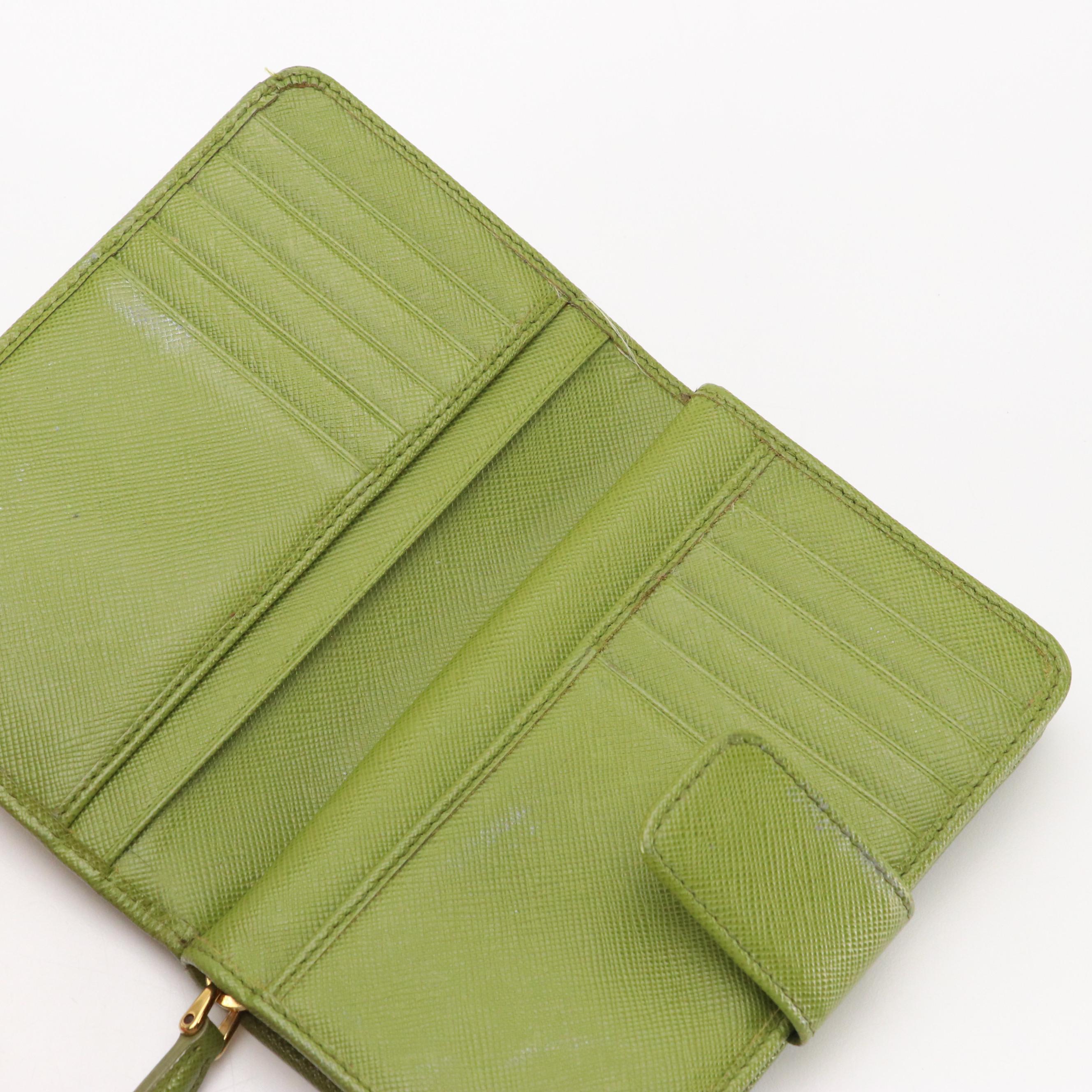 Prada Small Trifold Compact Wallet in Olive Green Saffiano Leather