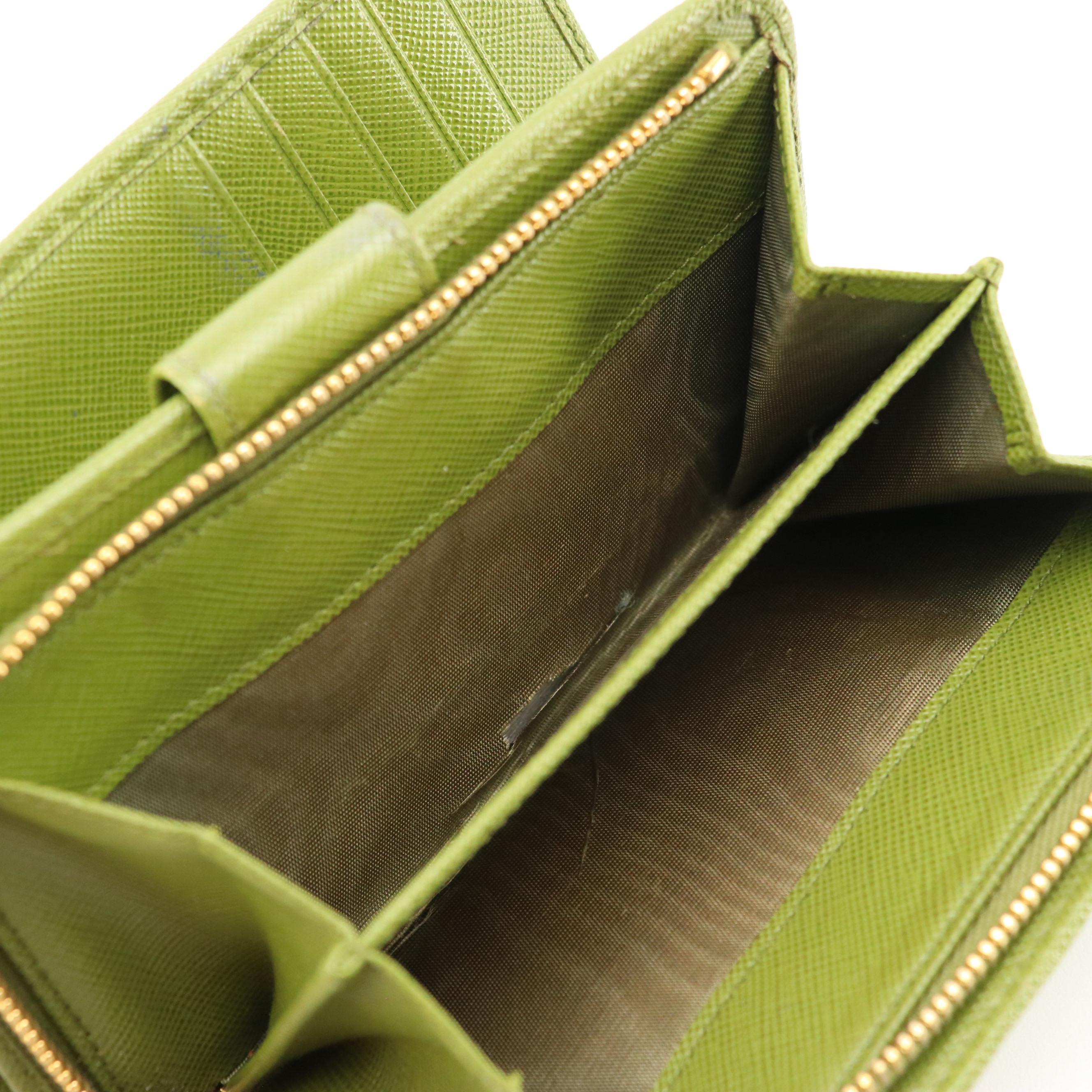 Prada Small Trifold Compact Wallet in Olive Green Saffiano Leather
