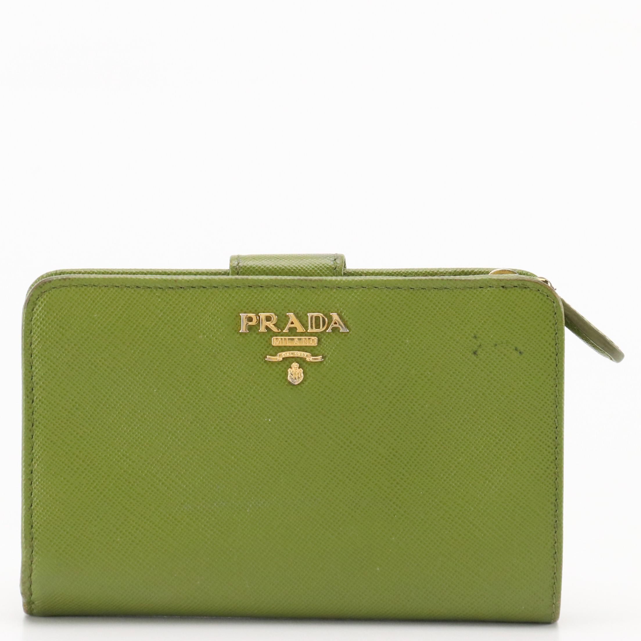 Prada Small Trifold Compact Wallet in Olive Green Saffiano Leather