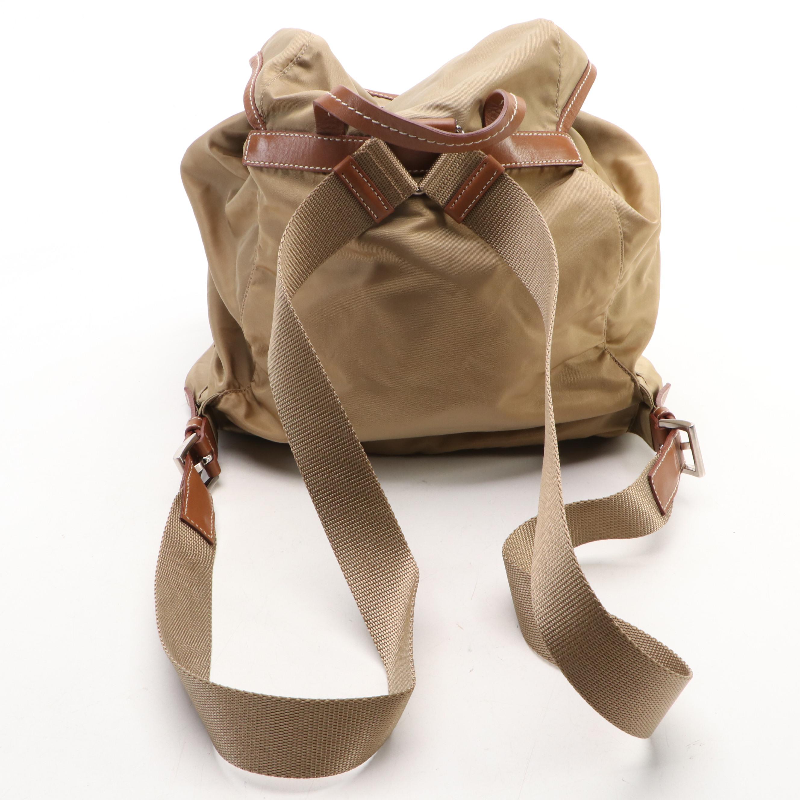 Prada Double Pocket Drawstring Backpack in Nylon and Leather Trim