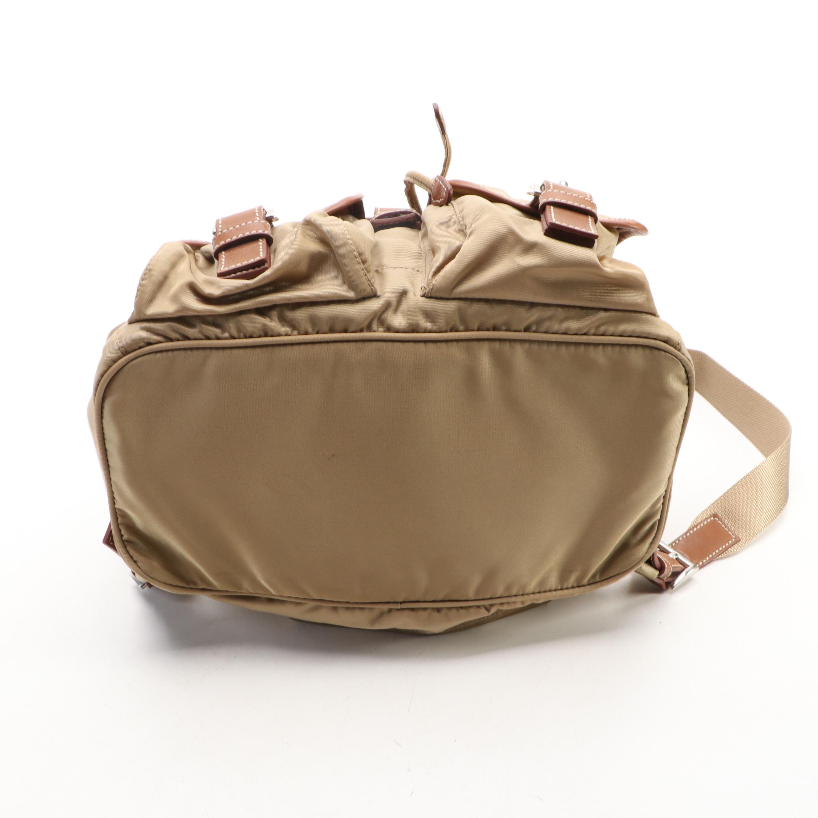 Prada Double Pocket Drawstring Backpack in Nylon and Leather Trim