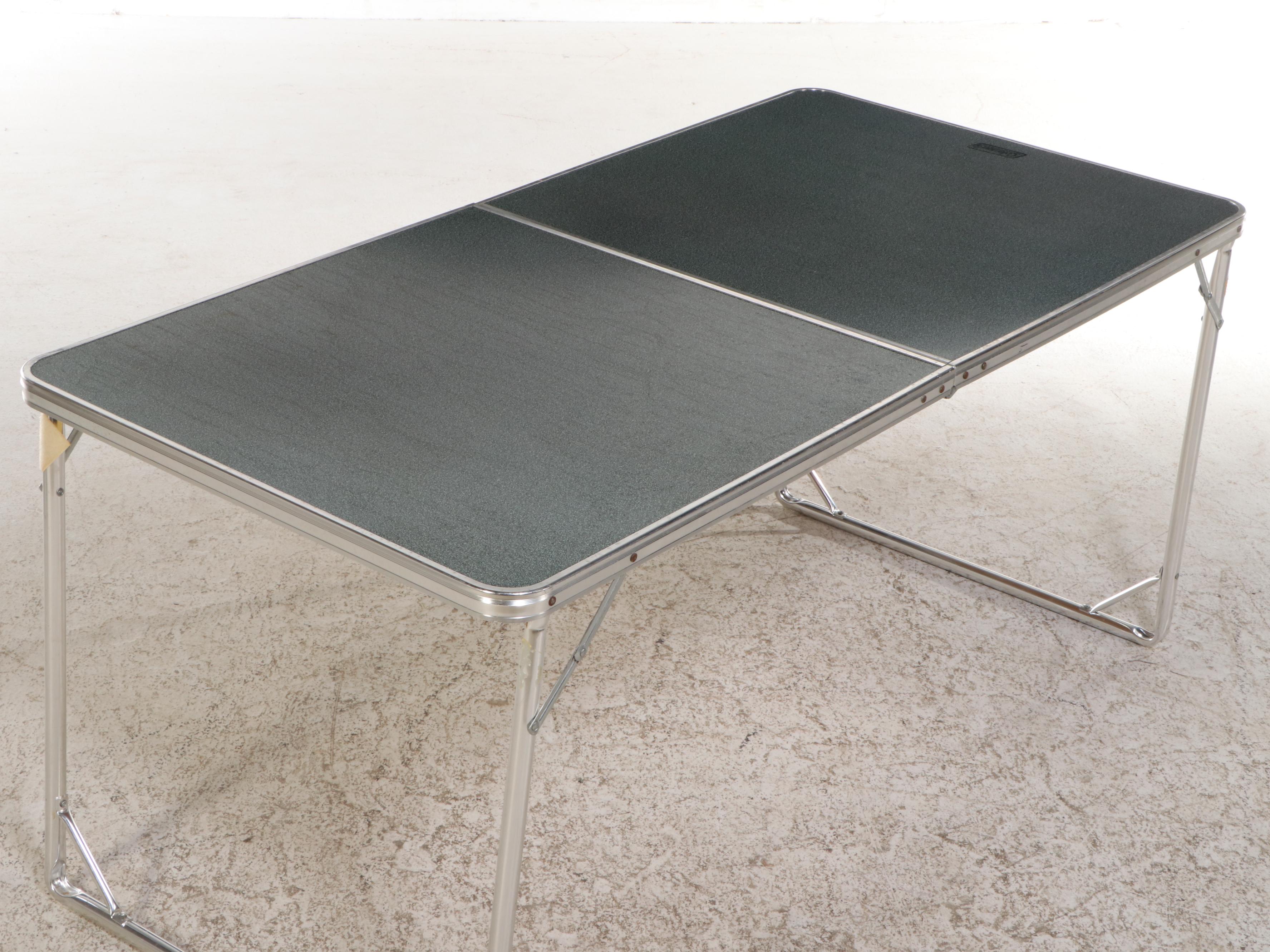 Coleman Aluminum Folding Table with Four Cosco Folding Chairs