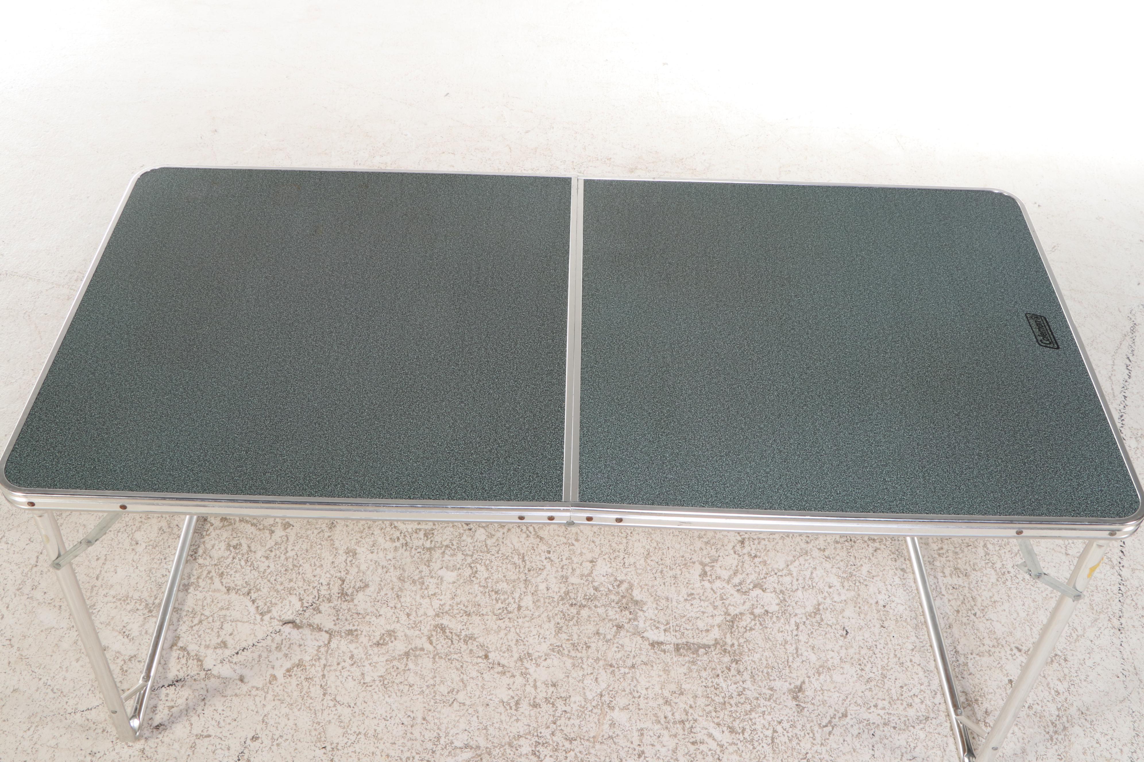 Coleman Aluminum Folding Table with Four Cosco Folding Chairs