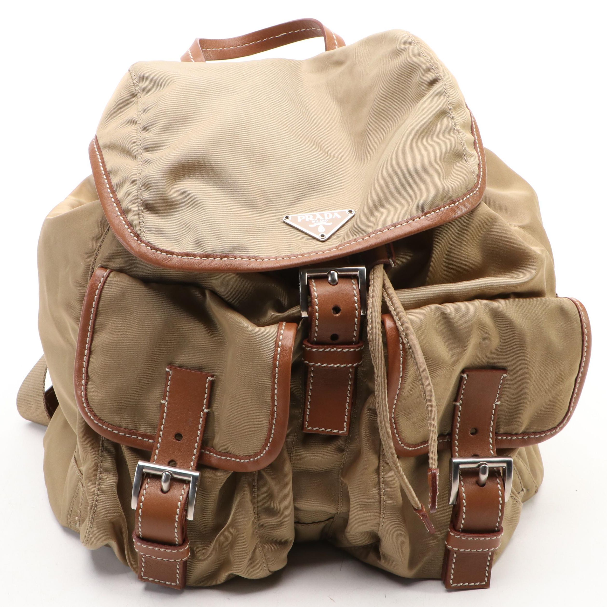 Prada Double Pocket Drawstring Backpack in Nylon and Leather Trim