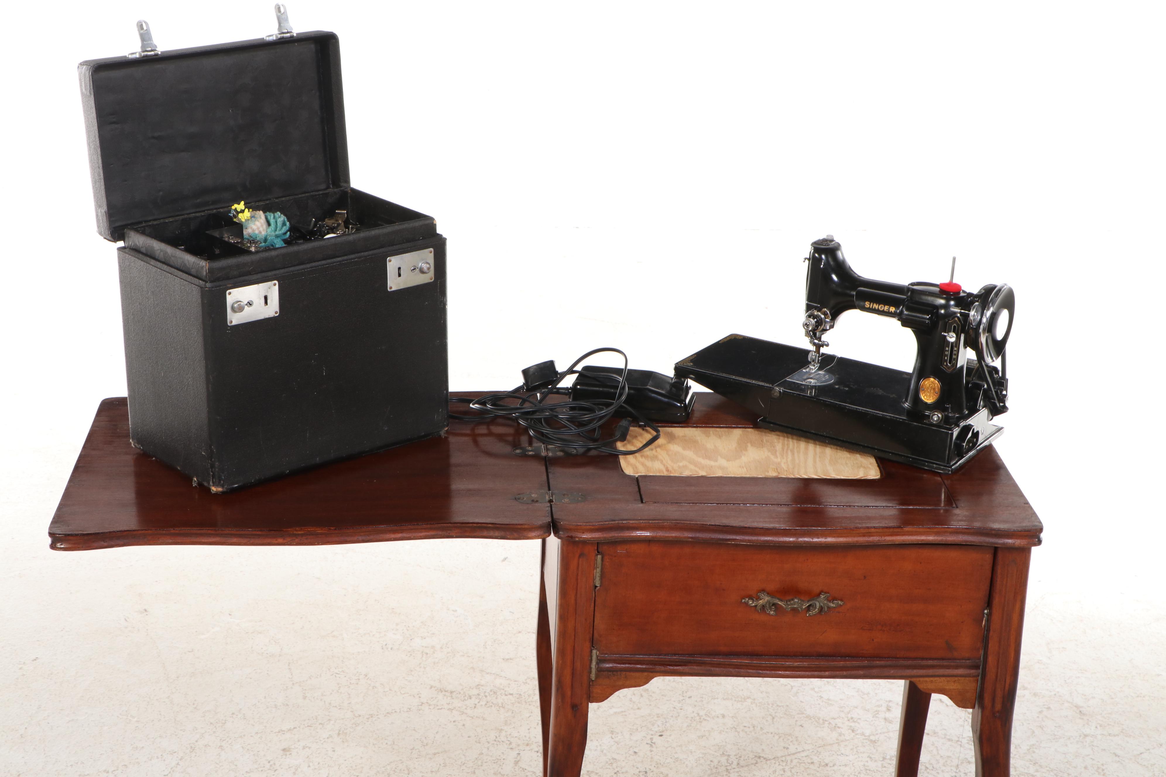 1945 Singer 221 Featherweight Sewing Machine, Mahogany Sewing Table & Notions