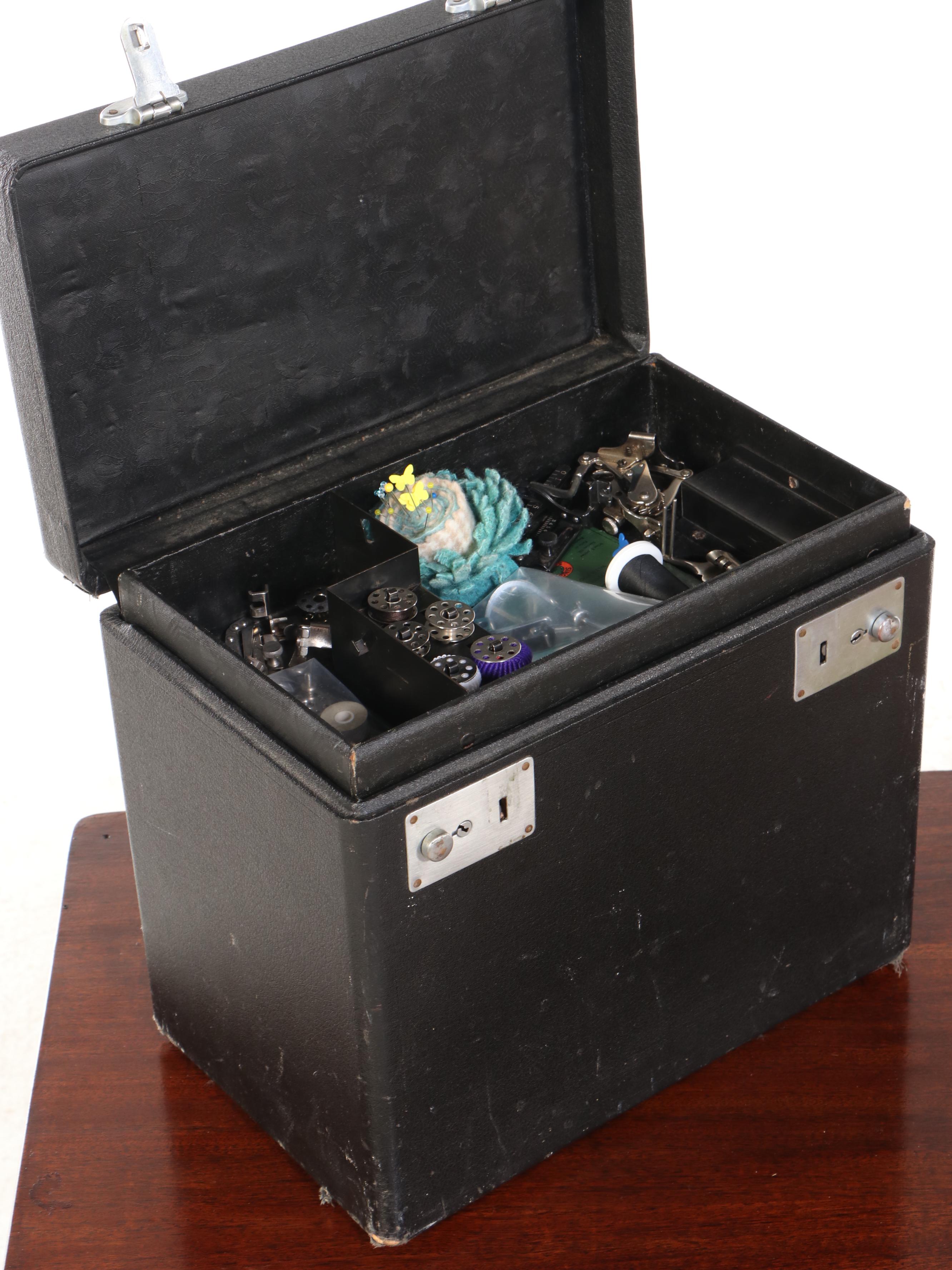 1945 Singer 221 Featherweight Sewing Machine, Mahogany Sewing Table & Notions