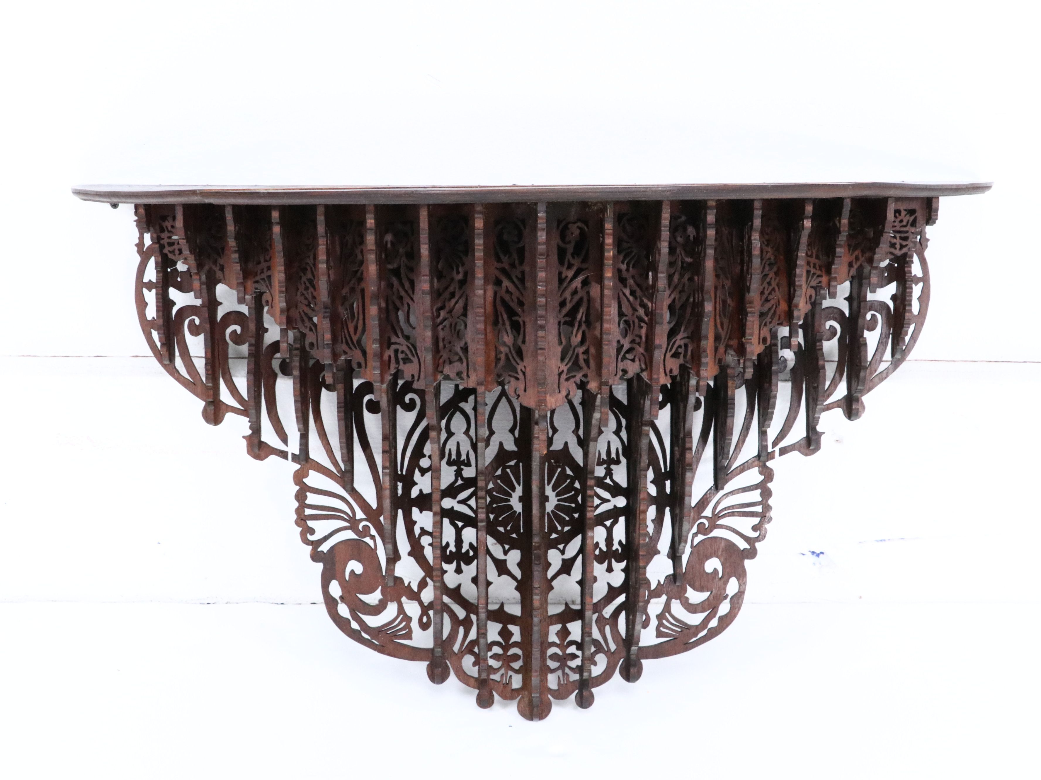 American Folk Art Fretwork Gothic Cathedral Clock with Wall Shelf, Early 20th C.