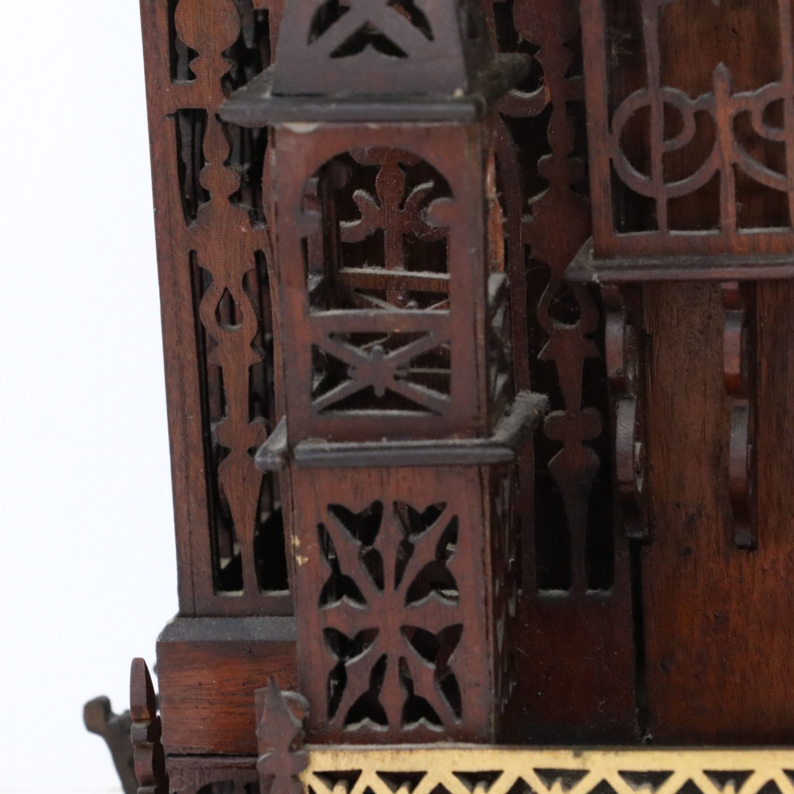 American Folk Art Fretwork Gothic Cathedral Clock with Wall Shelf, Early 20th C.