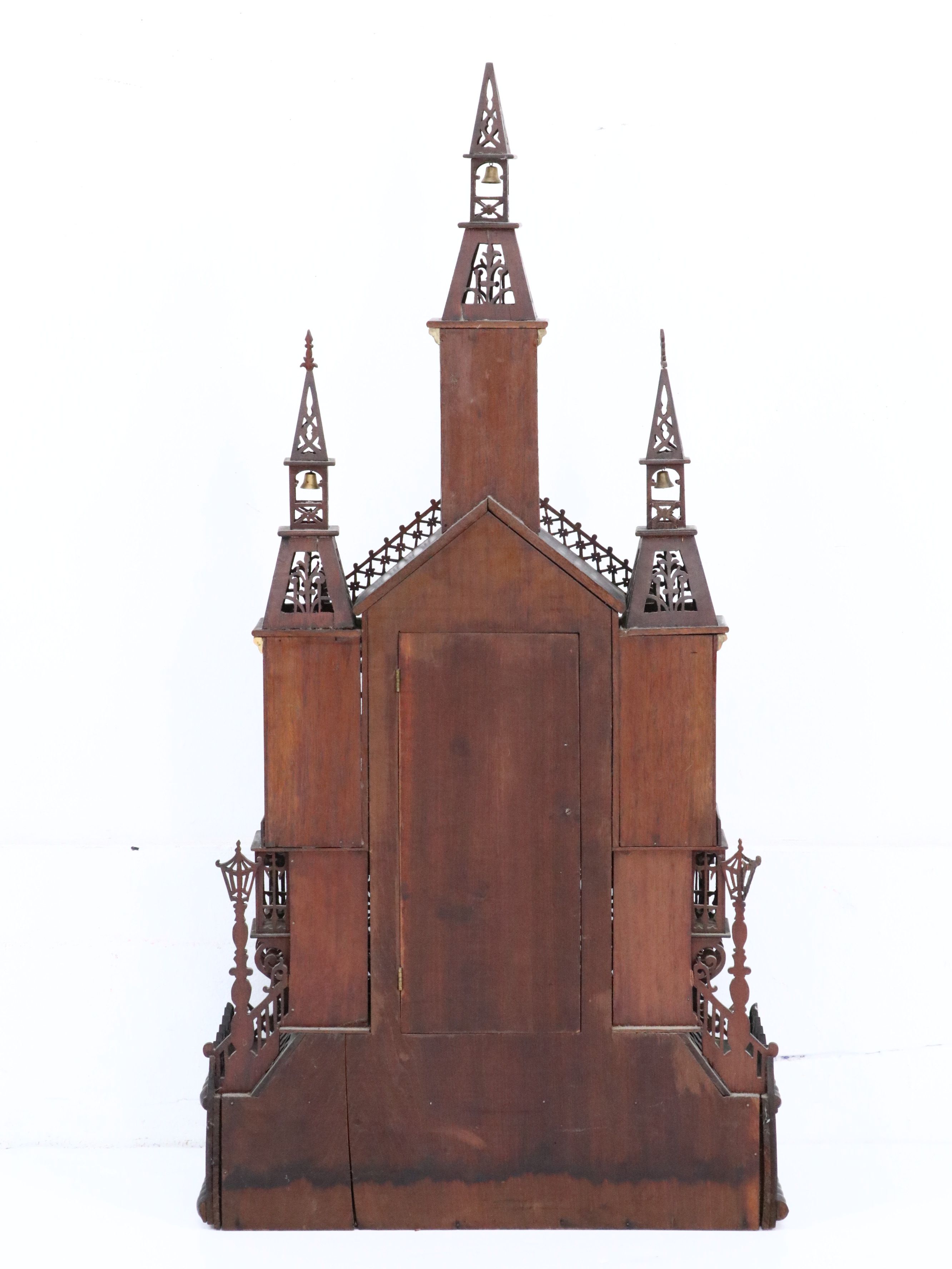American Folk Art Fretwork Gothic Cathedral Clock with Wall Shelf, Early 20th C.