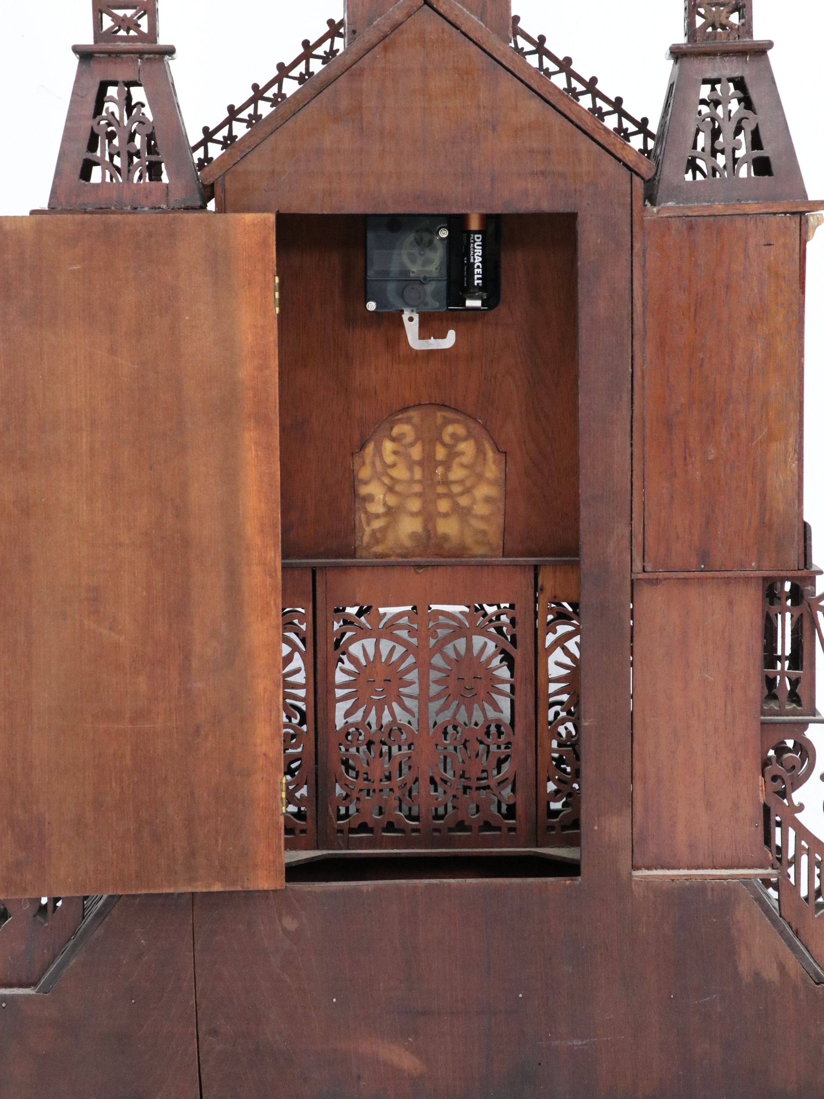 American Folk Art Fretwork Gothic Cathedral Clock with Wall Shelf, Early 20th C.