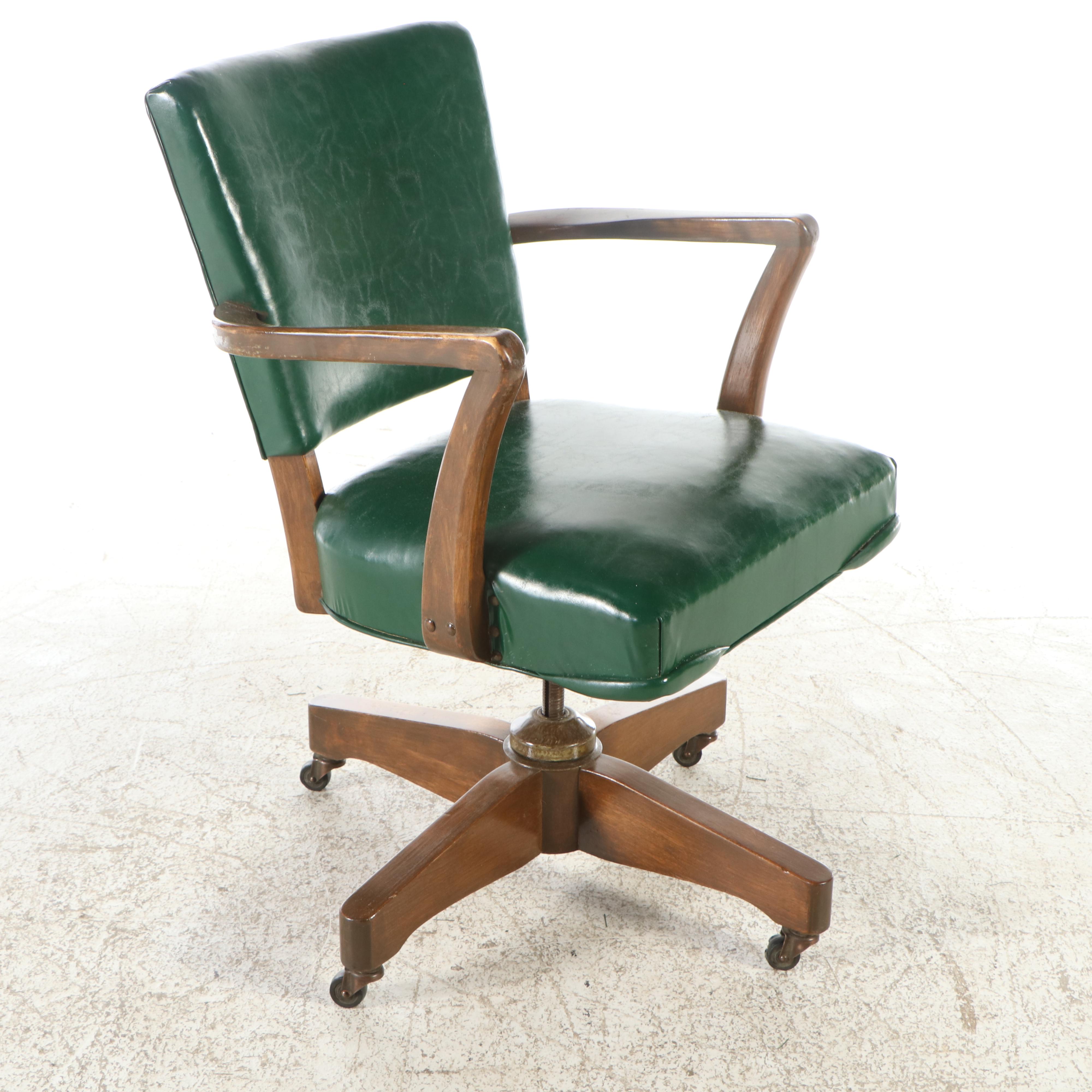 Green Faux Leather Upholstered Wood Banker's Chair, Mid-20th Century