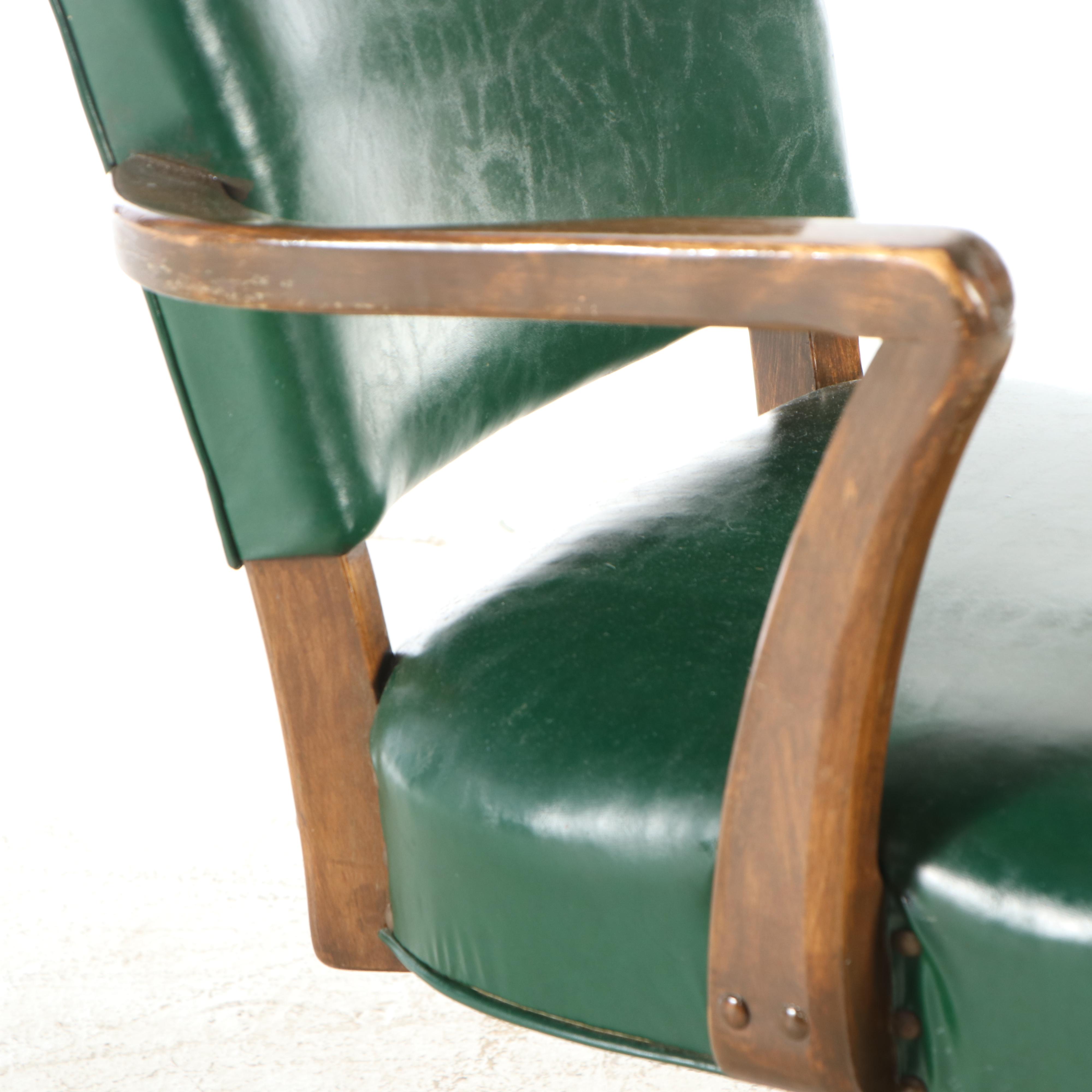 Green Faux Leather Upholstered Wood Banker's Chair, Mid-20th Century