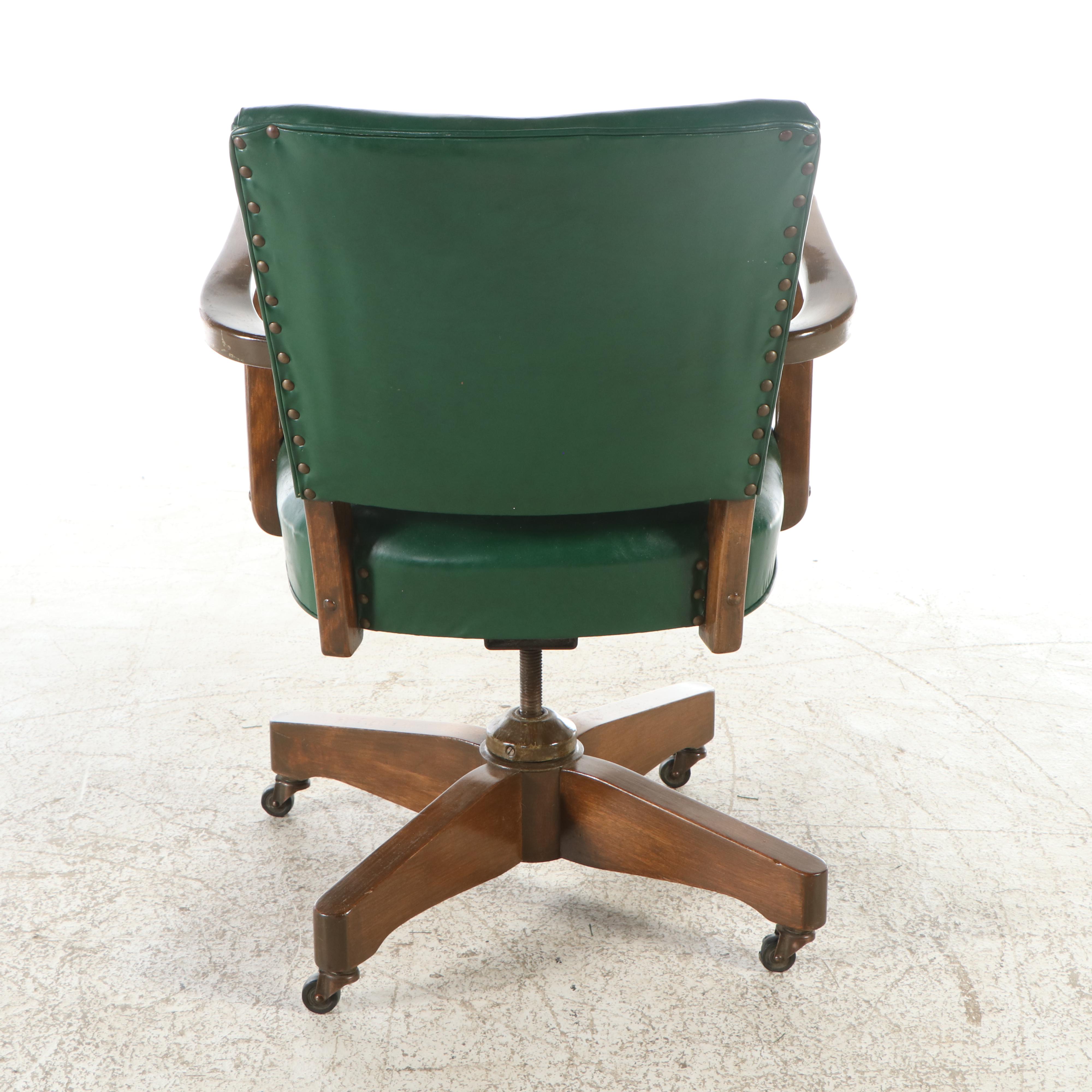 Green Faux Leather Upholstered Wood Banker's Chair, Mid-20th Century