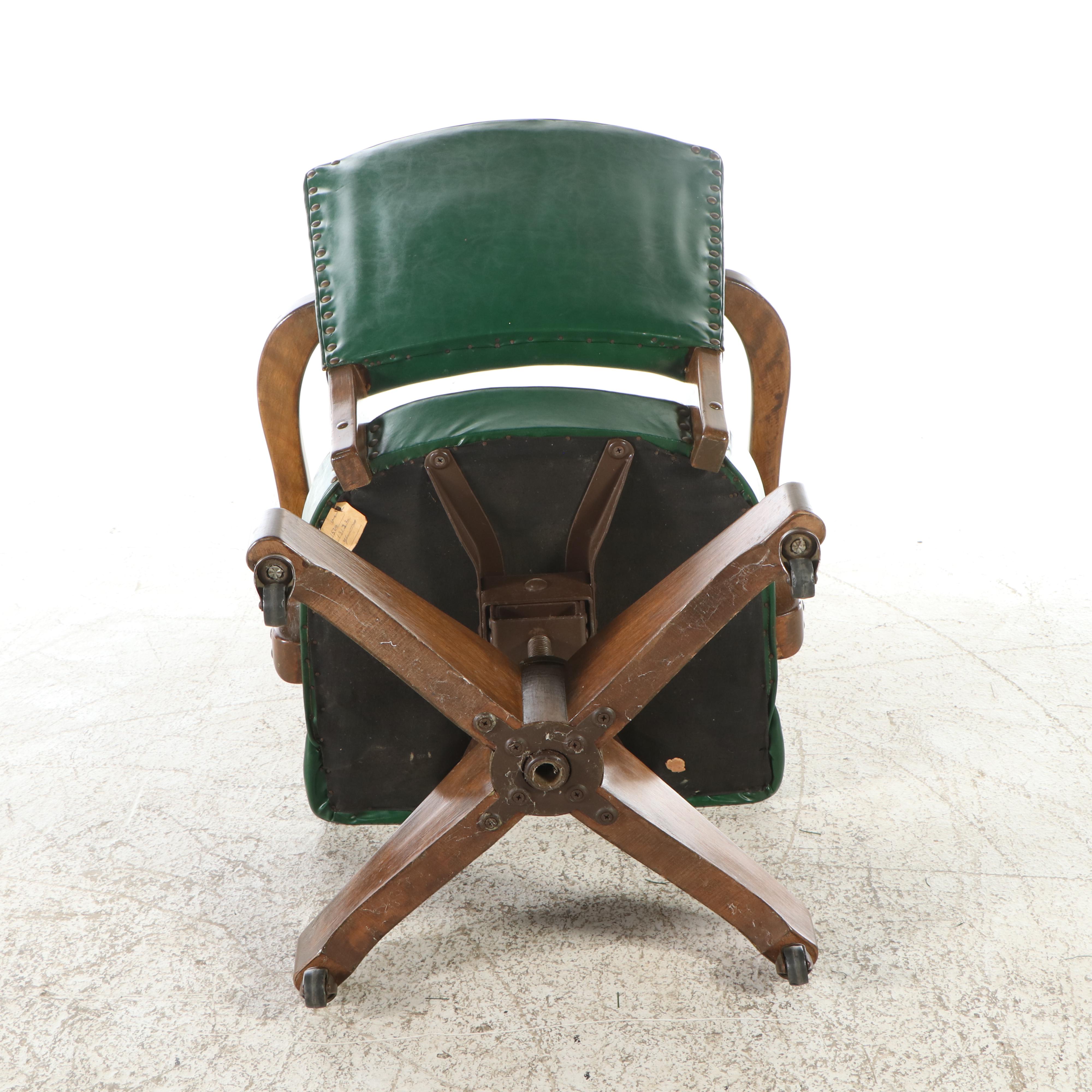 Green Faux Leather Upholstered Wood Banker's Chair, Mid-20th Century