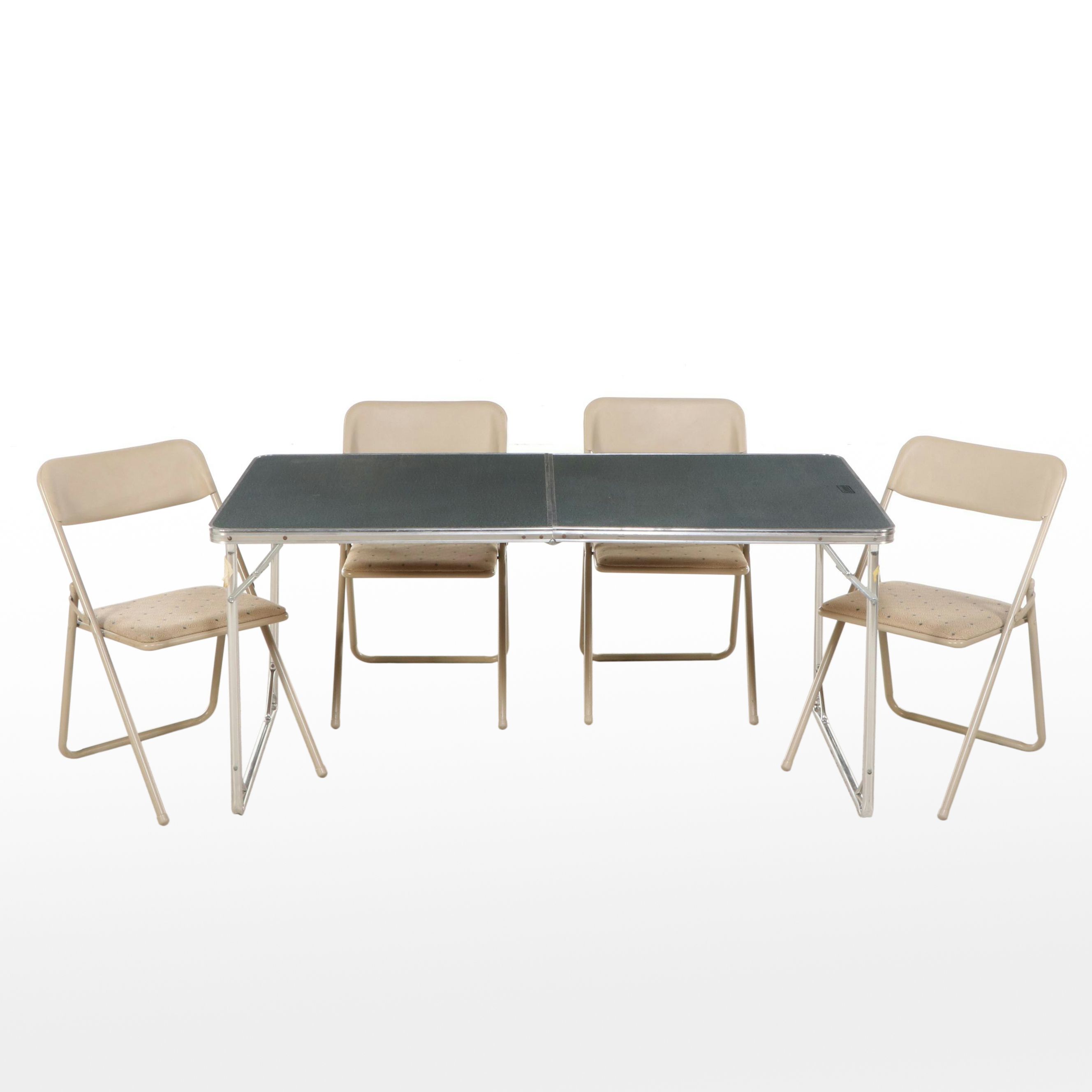 Coleman Aluminum Folding Table with Four Cosco Folding Chairs