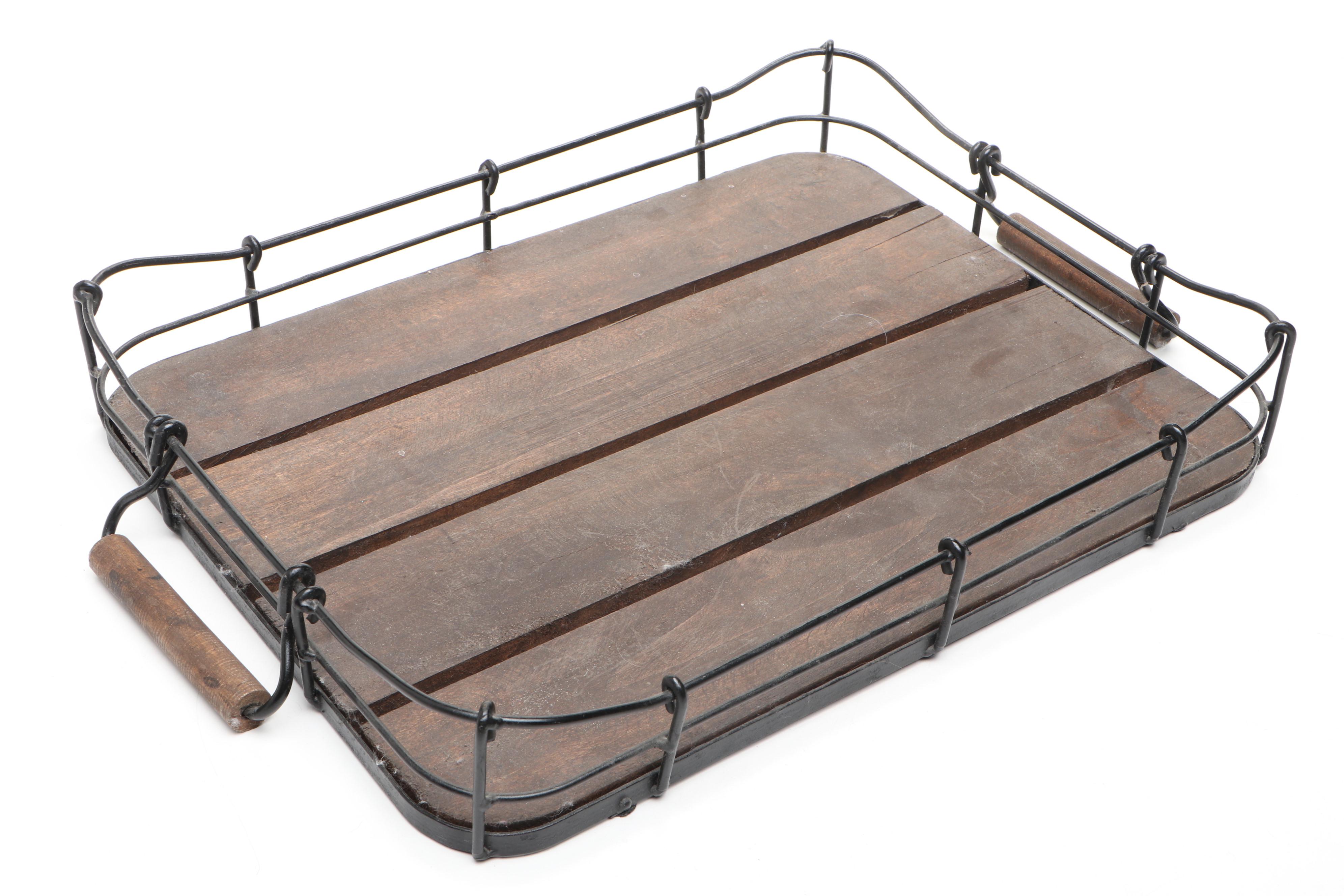 Wood and Metal Serving Trays with Metal Frame Baskets