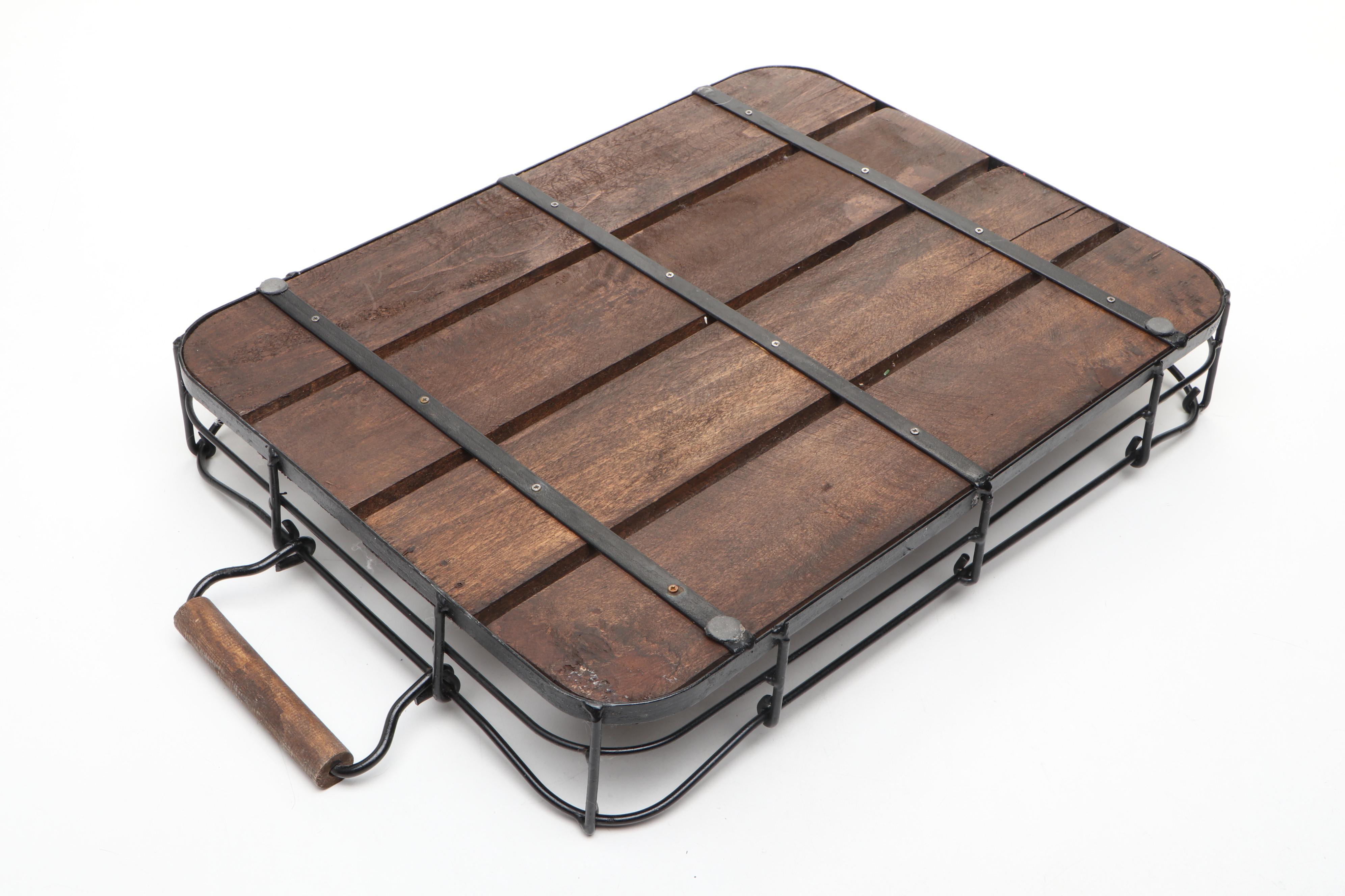 Wood and Metal Serving Trays with Metal Frame Baskets