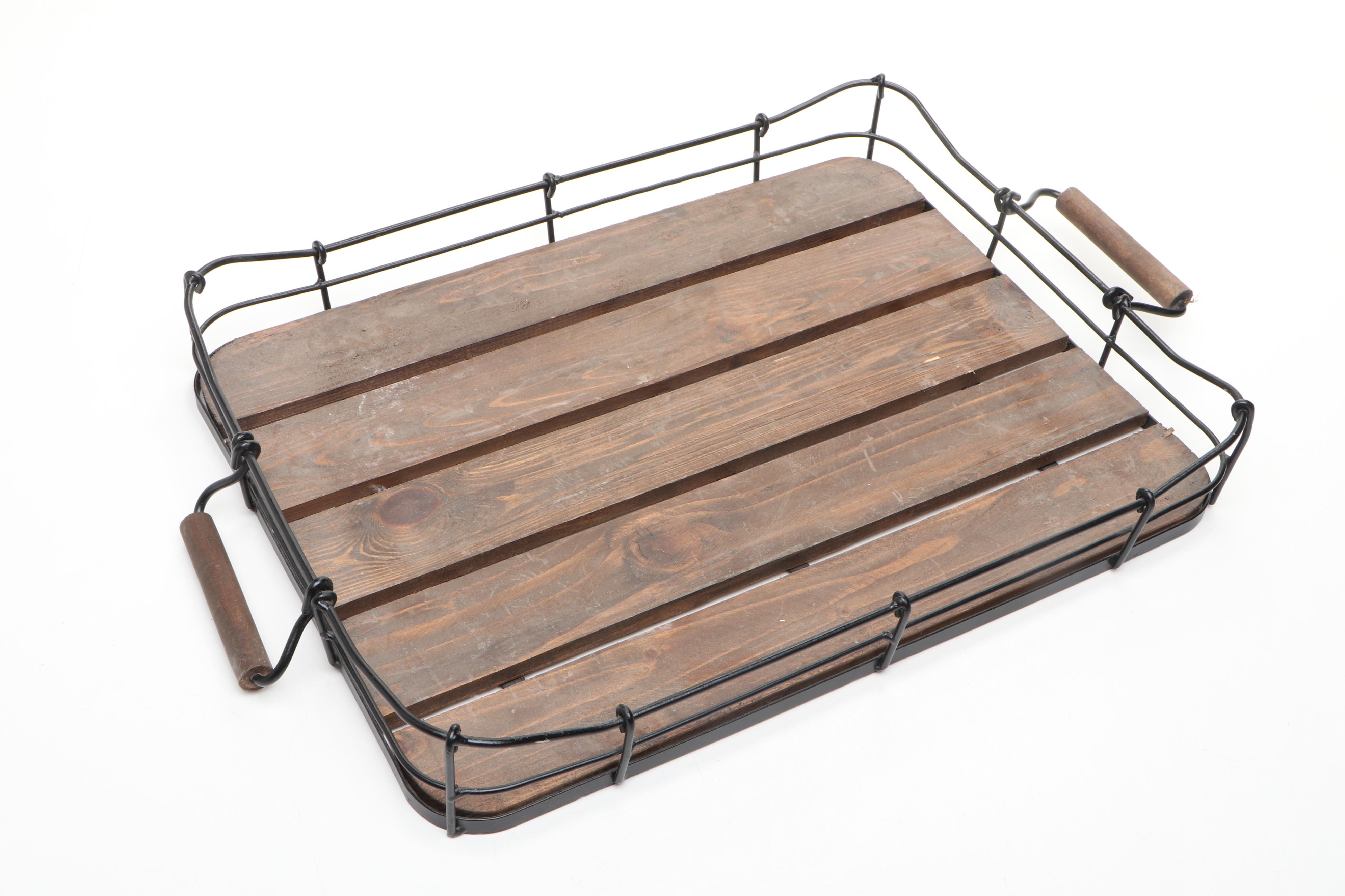 Wood and Metal Serving Trays with Metal Frame Baskets