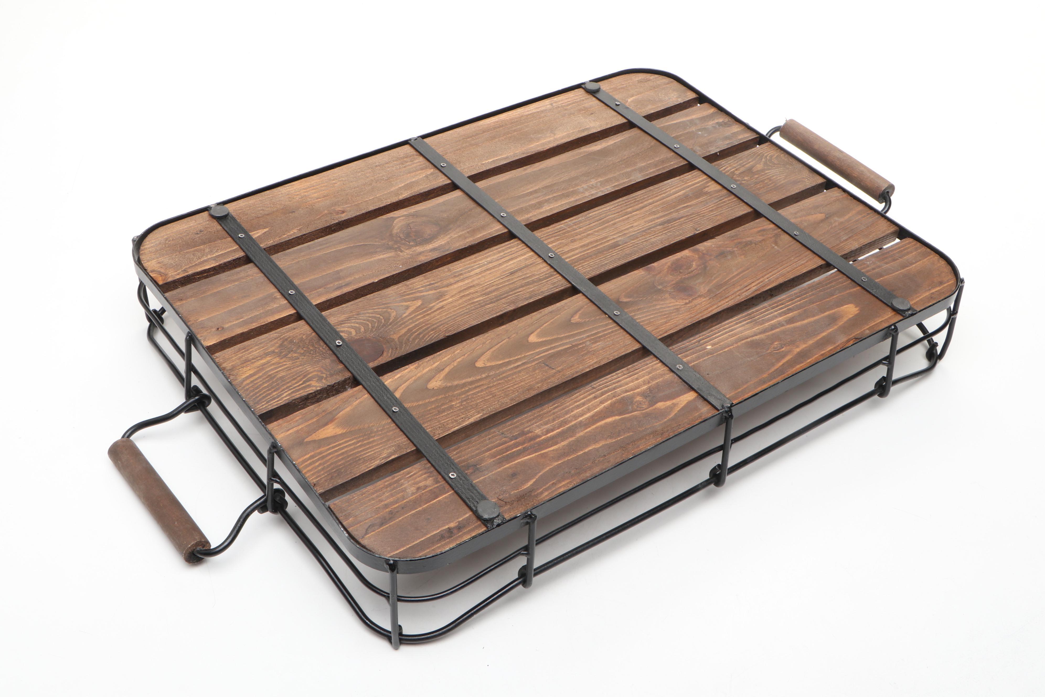 Wood and Metal Serving Trays with Metal Frame Baskets