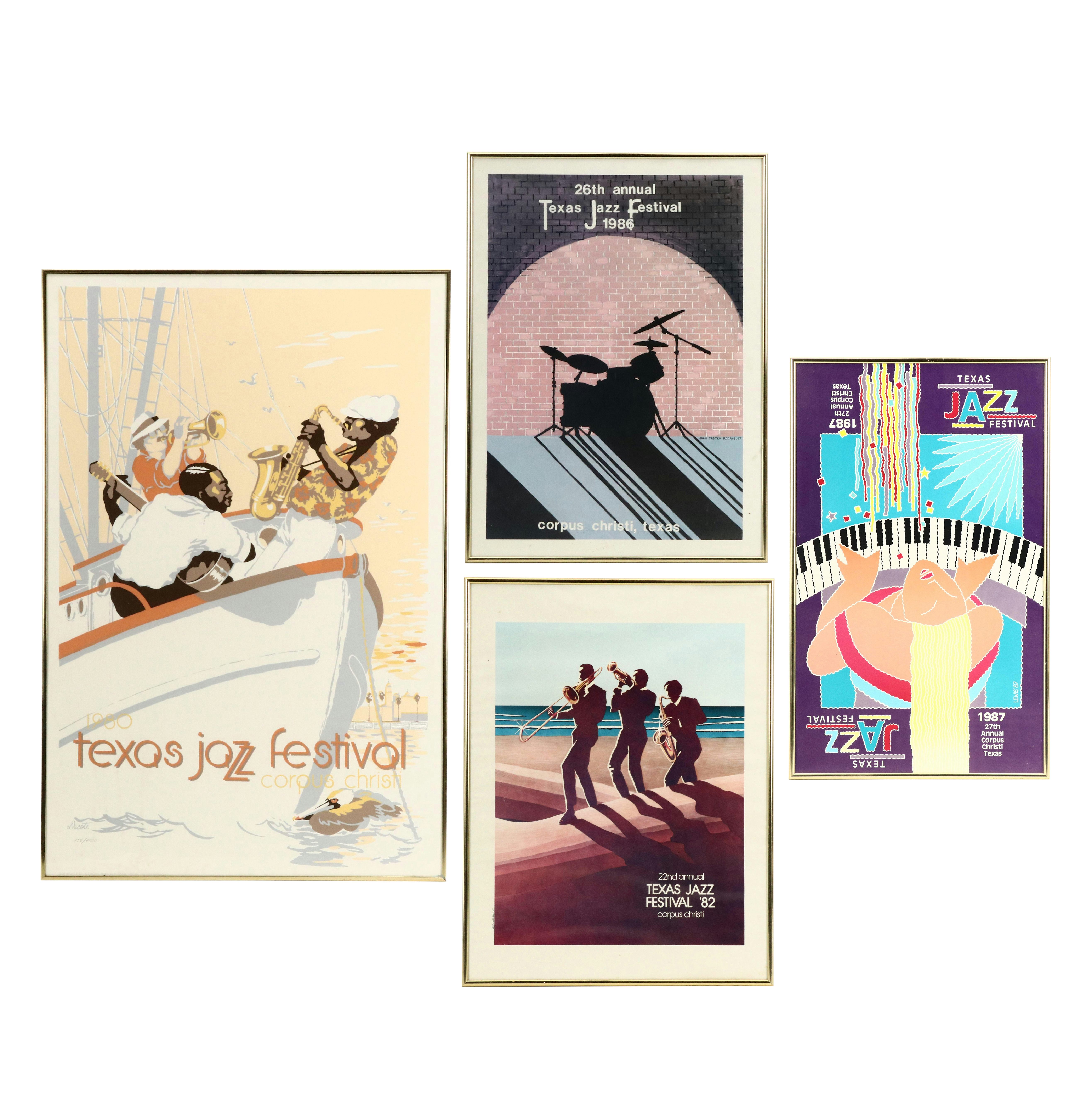 Four Framed Texas Jazz Festival Art Posters, Corpus Christi, 1980s